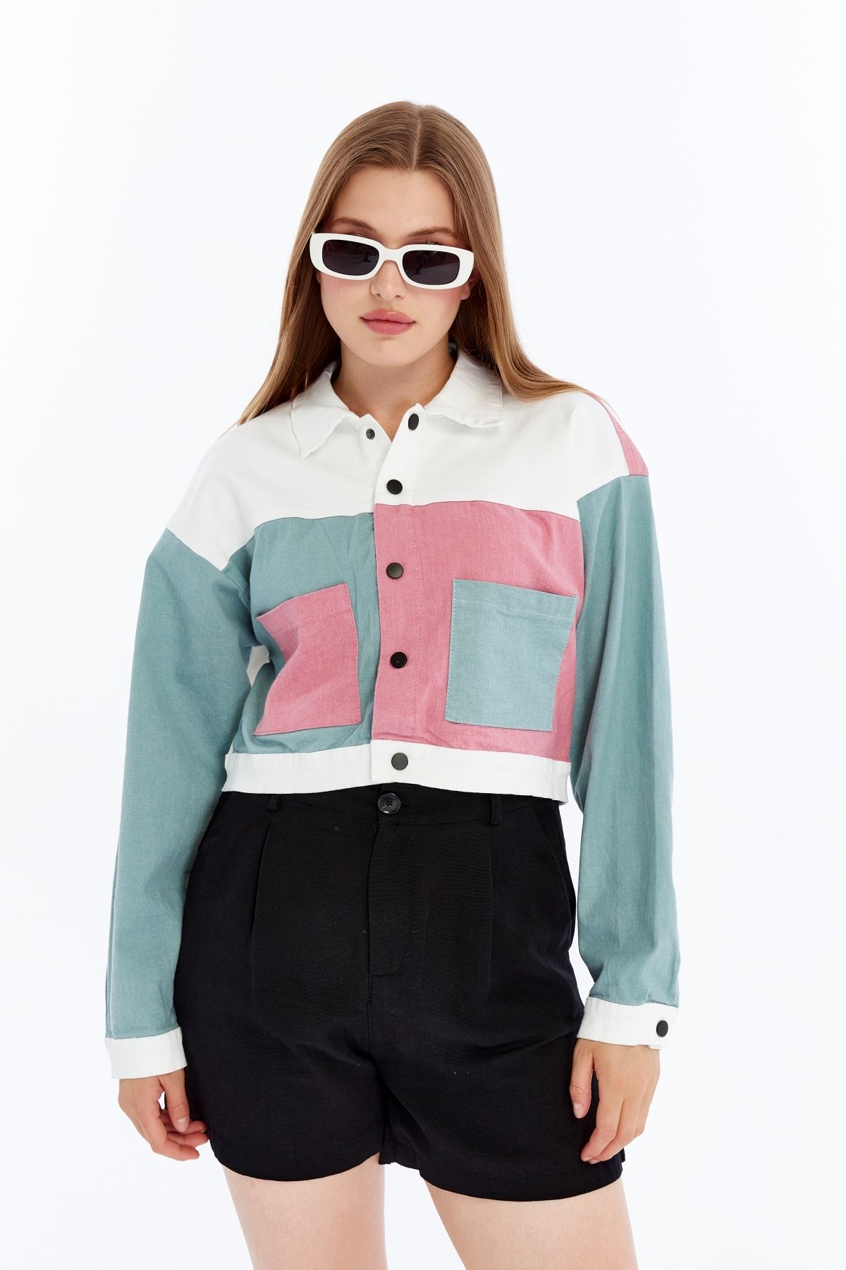 CHOS7N-Women's Bomber Gabardine Jacket Snap Button College Denim Jacket with Pockets Colorful Easy to Match Jacket 4