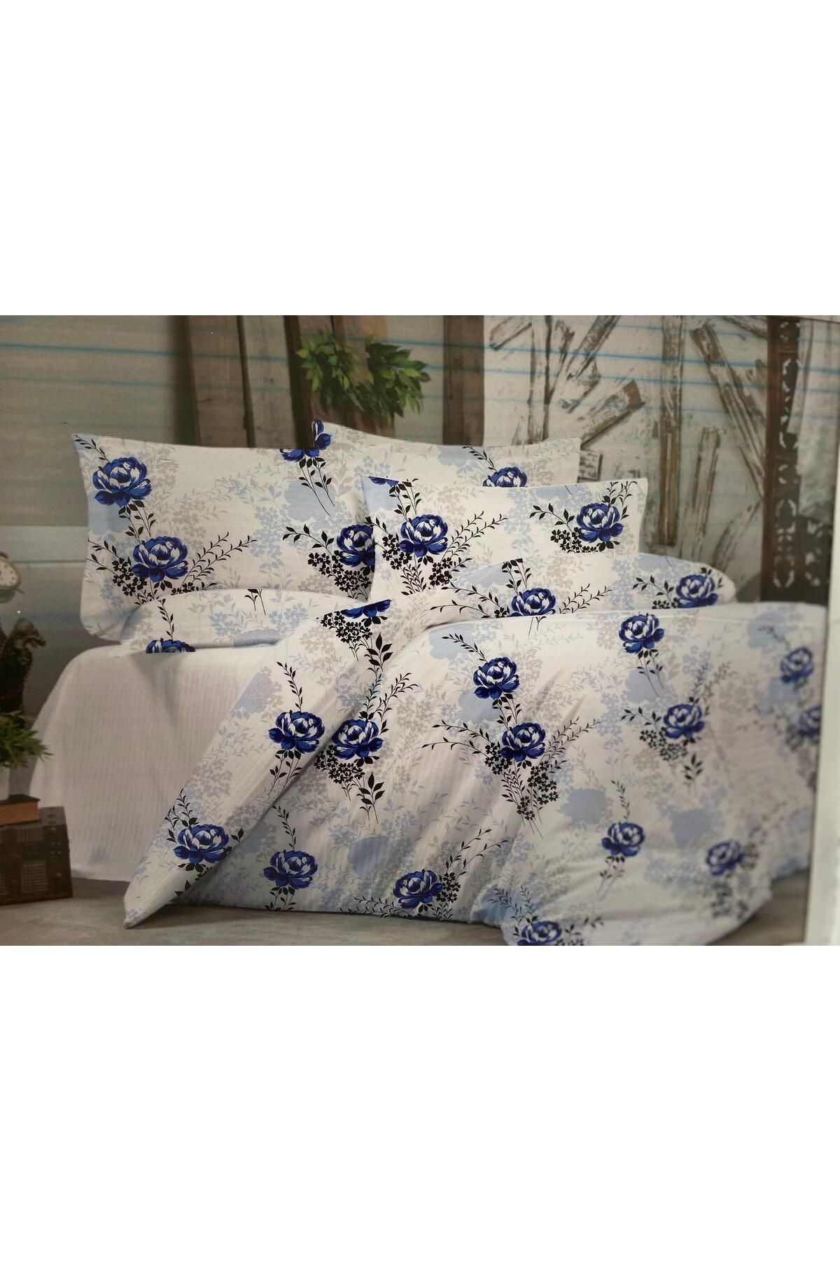 MaralHome Çift Kişilik Nevresim Takımı Mavi Çiçekli