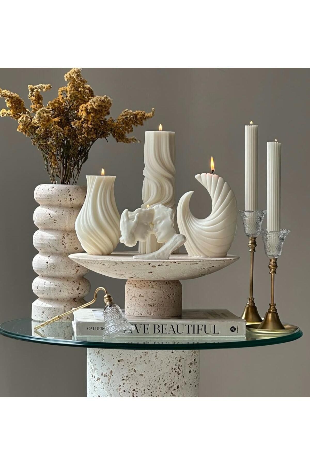 SCA CANDLE Dekoratif Mum Ay +Sevgili +Dalga+Vazo+Çizgili Şamdan Mum toplam 6 Parça