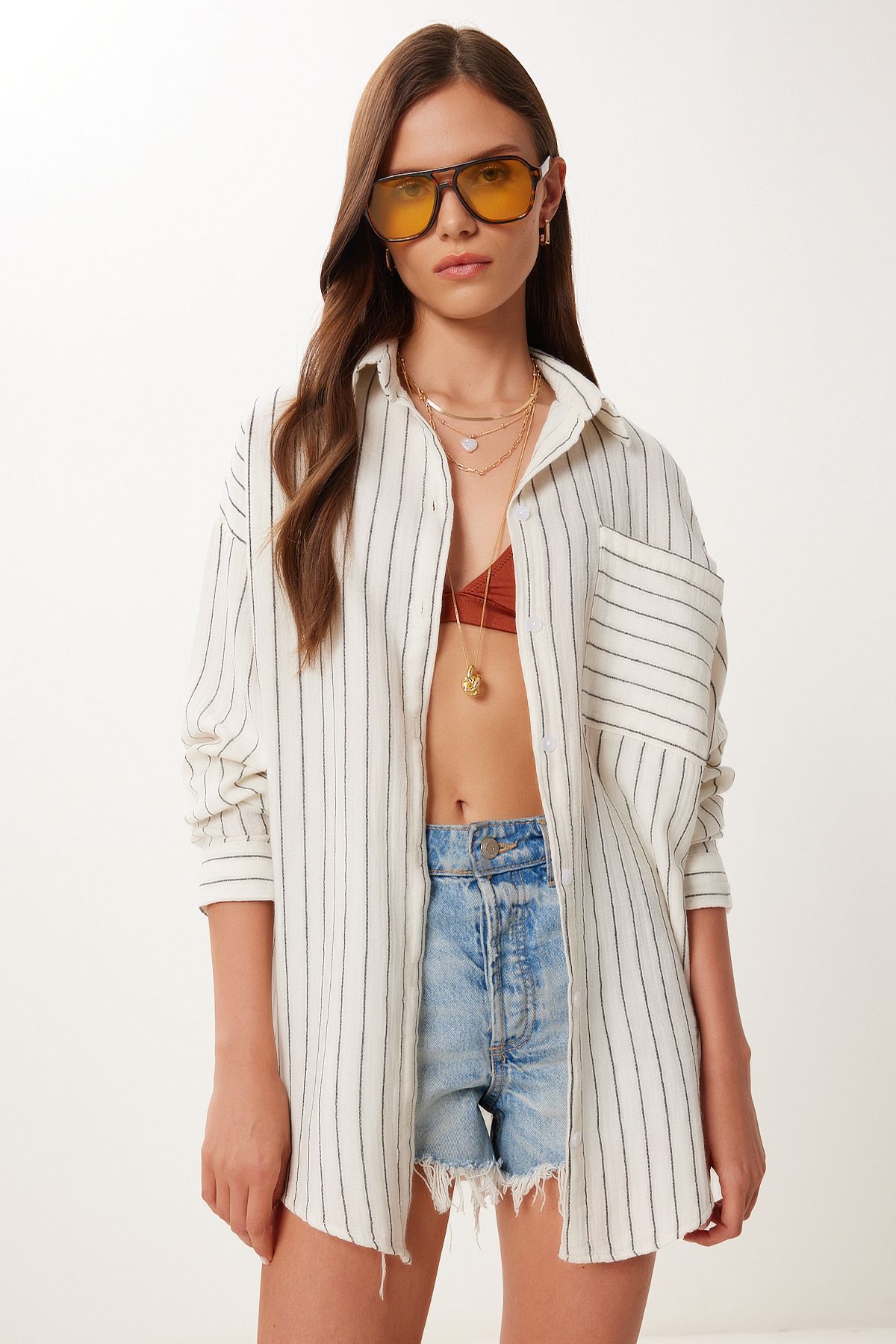 Lovelyİstanbul Çizgili Oversize Müslin Gömlek KREM SİYAH LGP0014