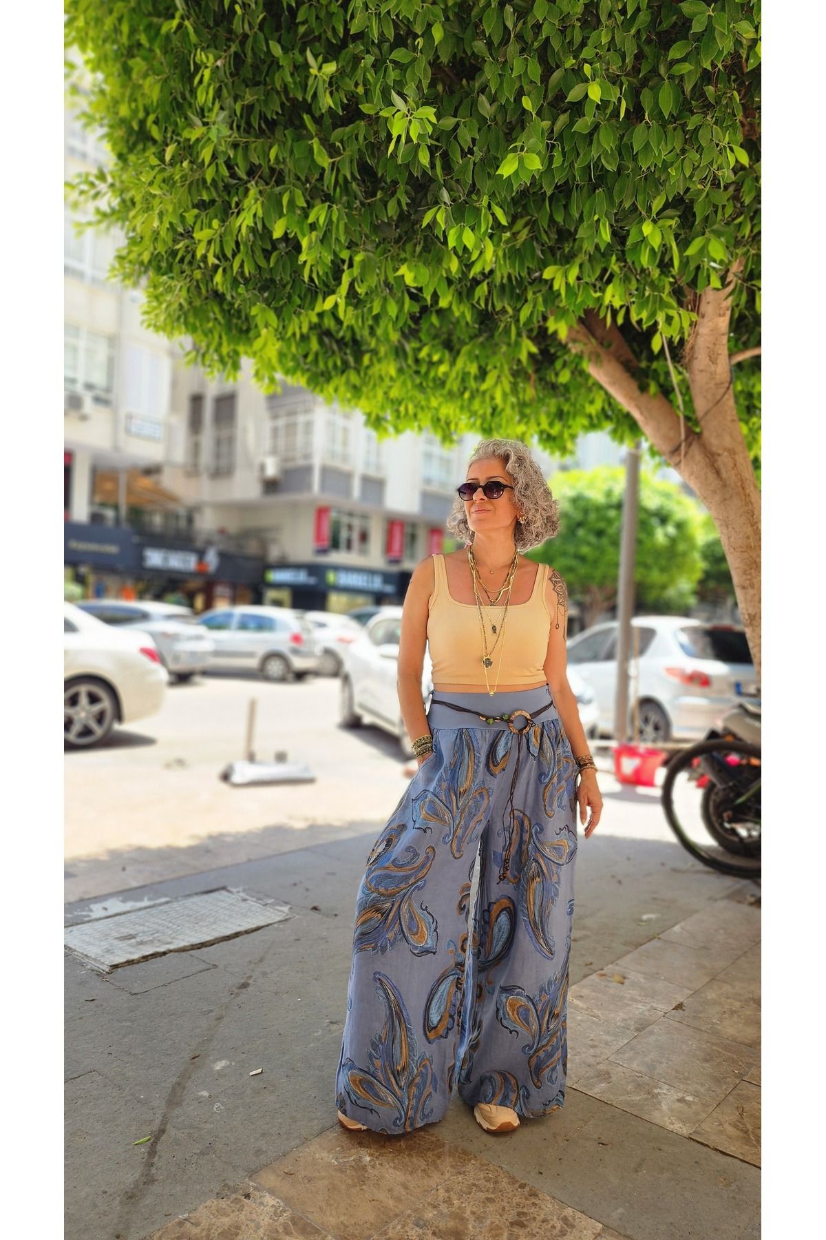İzmirli Boutique Şal Desenli Keten Pantolon