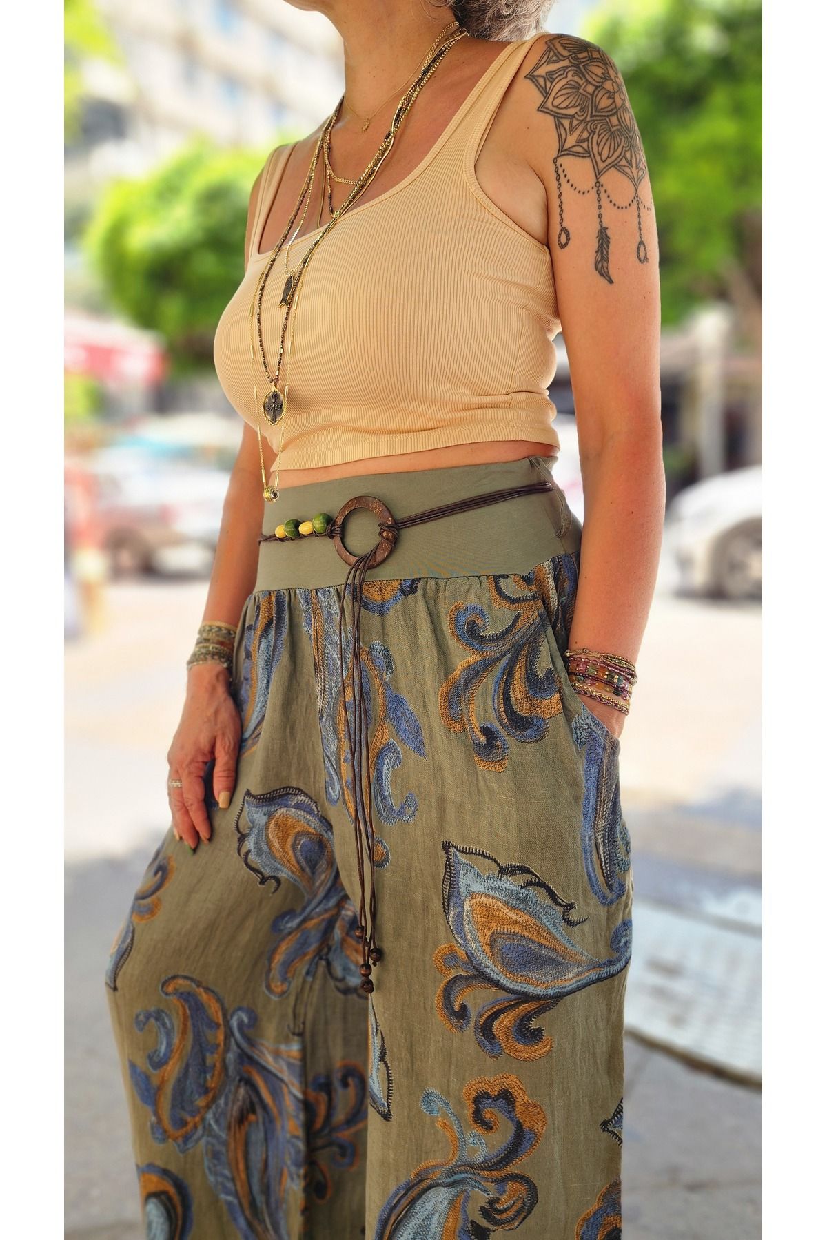 İzmirli Boutique Şal Desenli Keten Pantolon