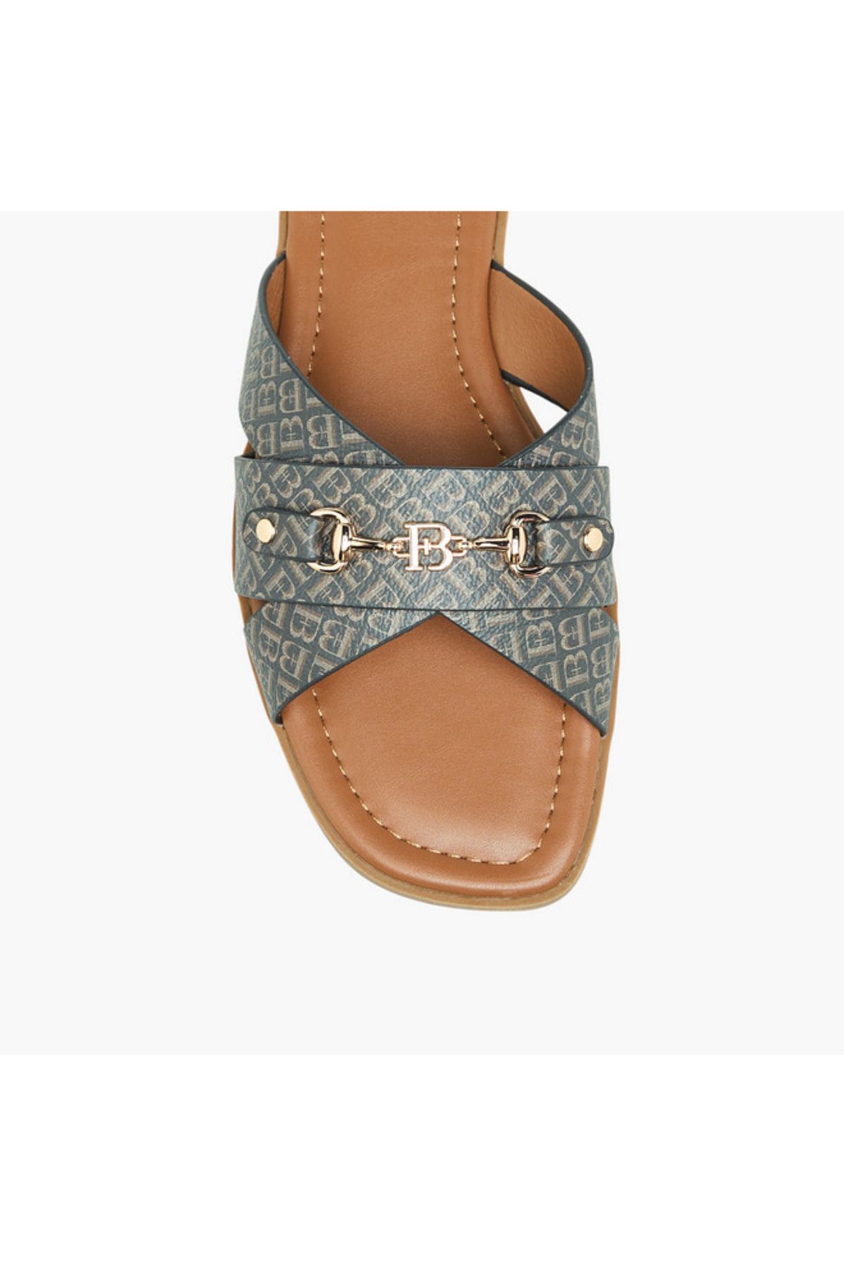 Flora Bella by Shoexpress-Flora Bella Monogram Print Slip-On Flat Sandals with Metal Accent 4