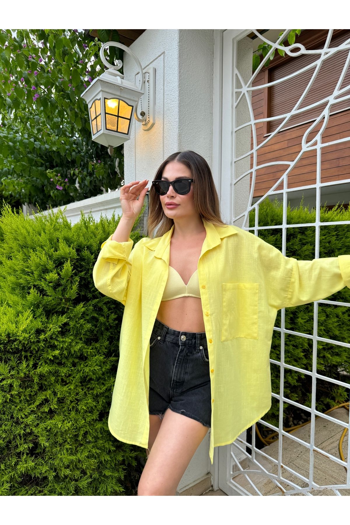 HW Hills Woman Kadın Sarı Renk tek cepli %100 keten oversize gömlek