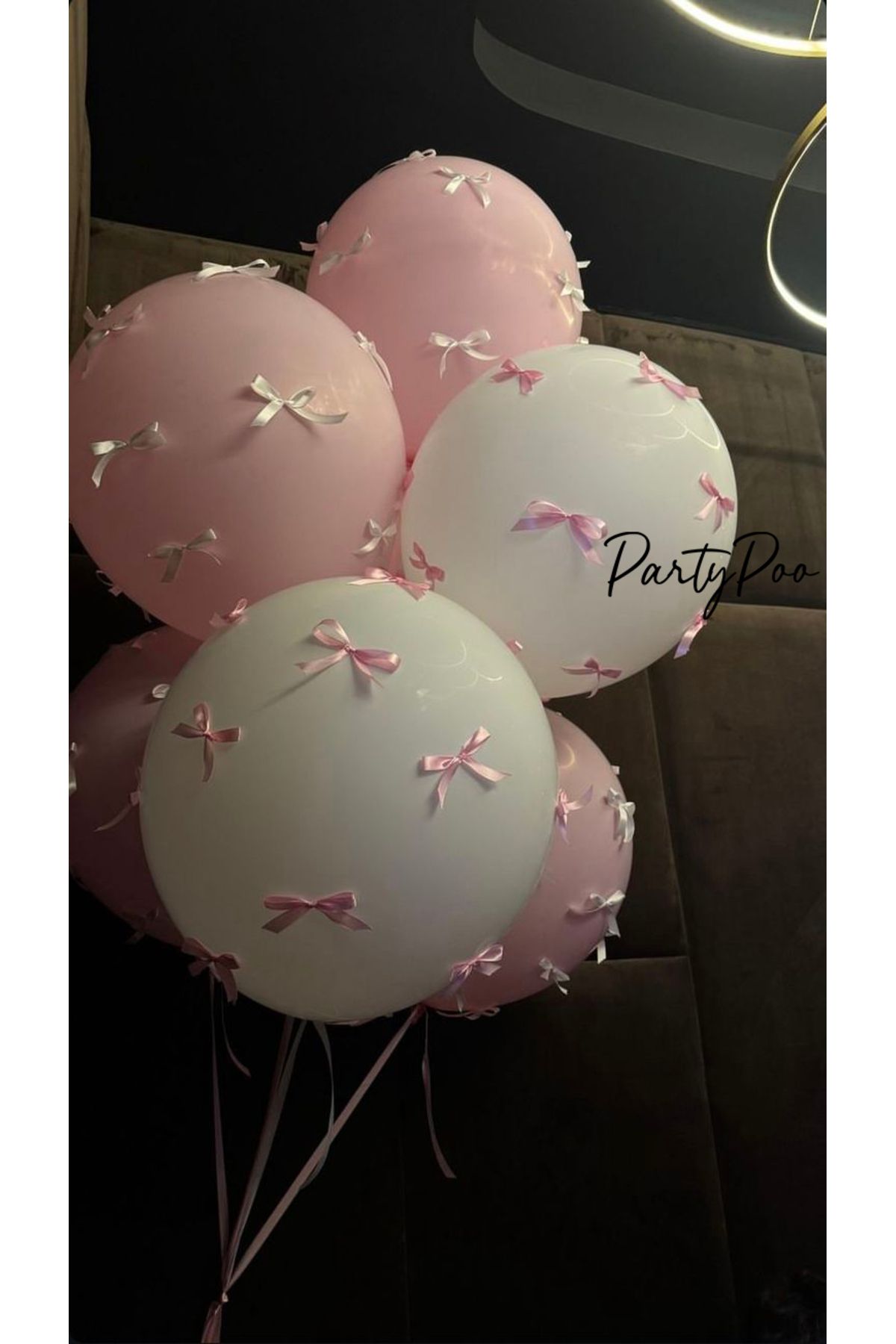 PartyPoo Pembe Beyaz Fiyonk Kurdeleli, Pembe Beyaz Balon Seti – Doğum Günü & Baby Shower Için Parti Dekoru
