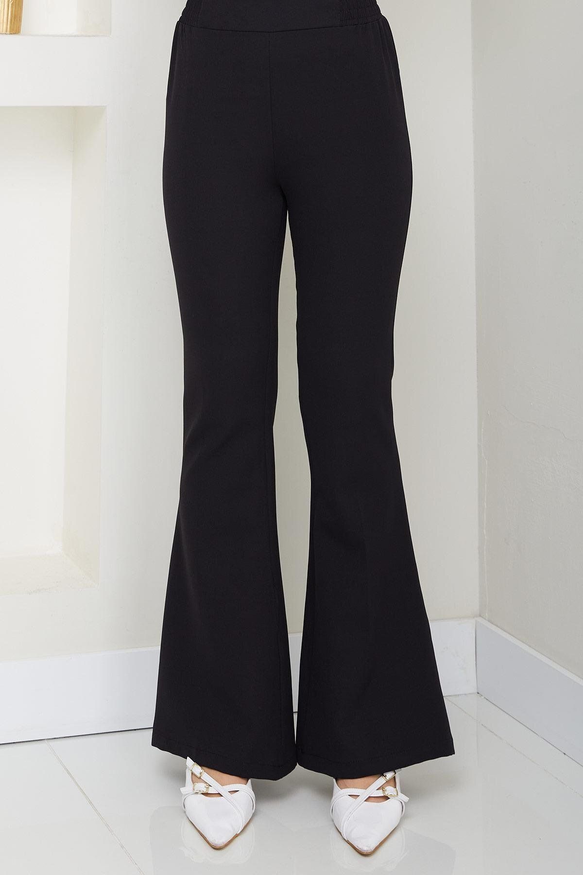 hafsamina Beli Lastikli İspanyol Paça Kumaş Pantolon Siyah HM2781