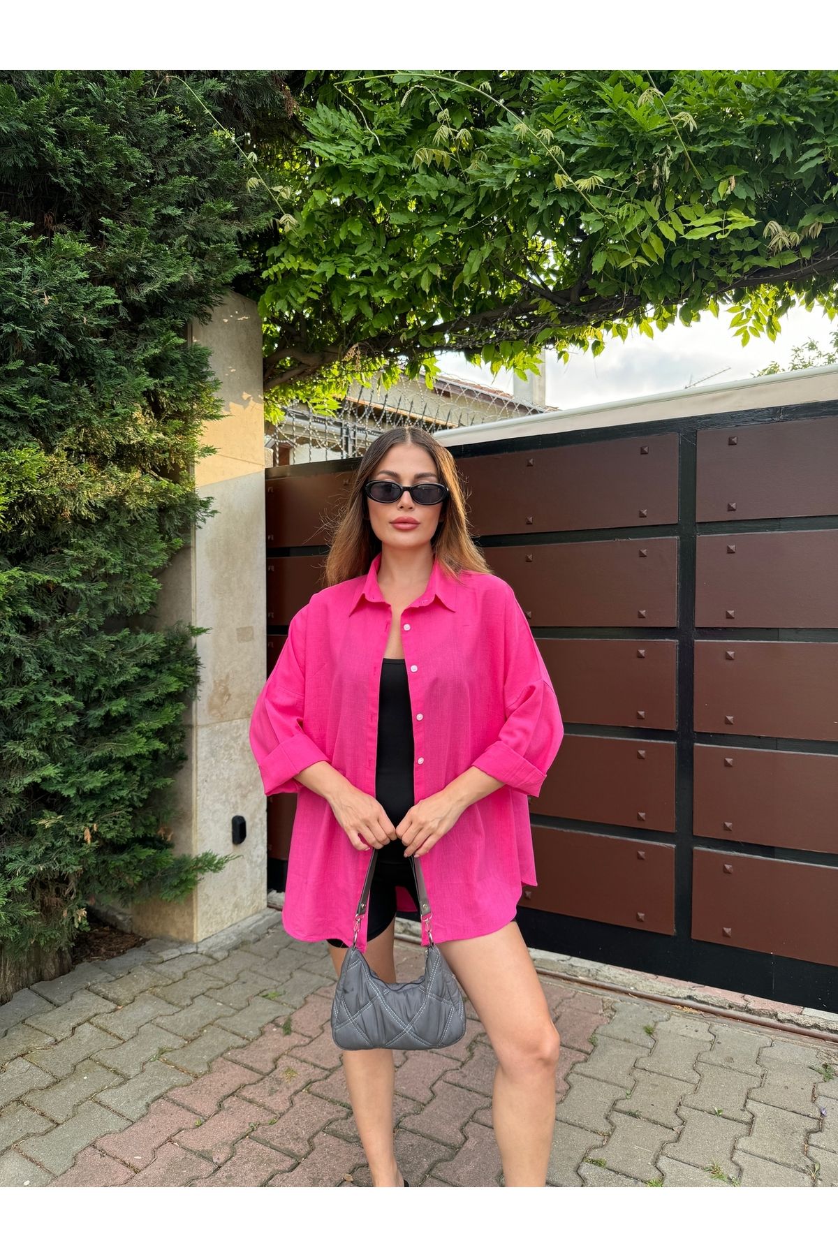HW Hills Woman Kadın Fuşya Renk tek cepli %100 keten oversize gömlek