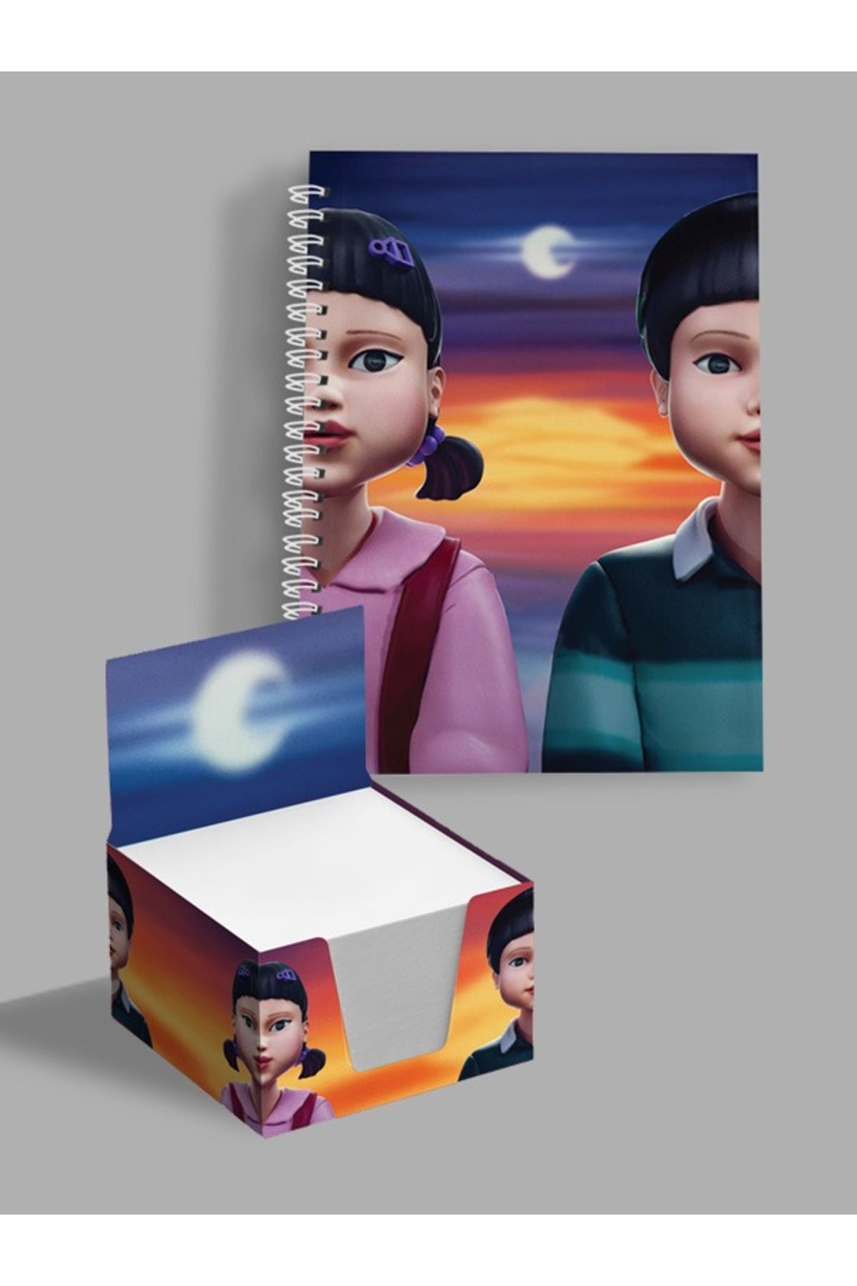 AYKUT OFSET Spiralli,Çizgili Defter SQUID GAME A5 Boyutunda 75 Yaprak (150 Sayfa) +Küp Blok Set