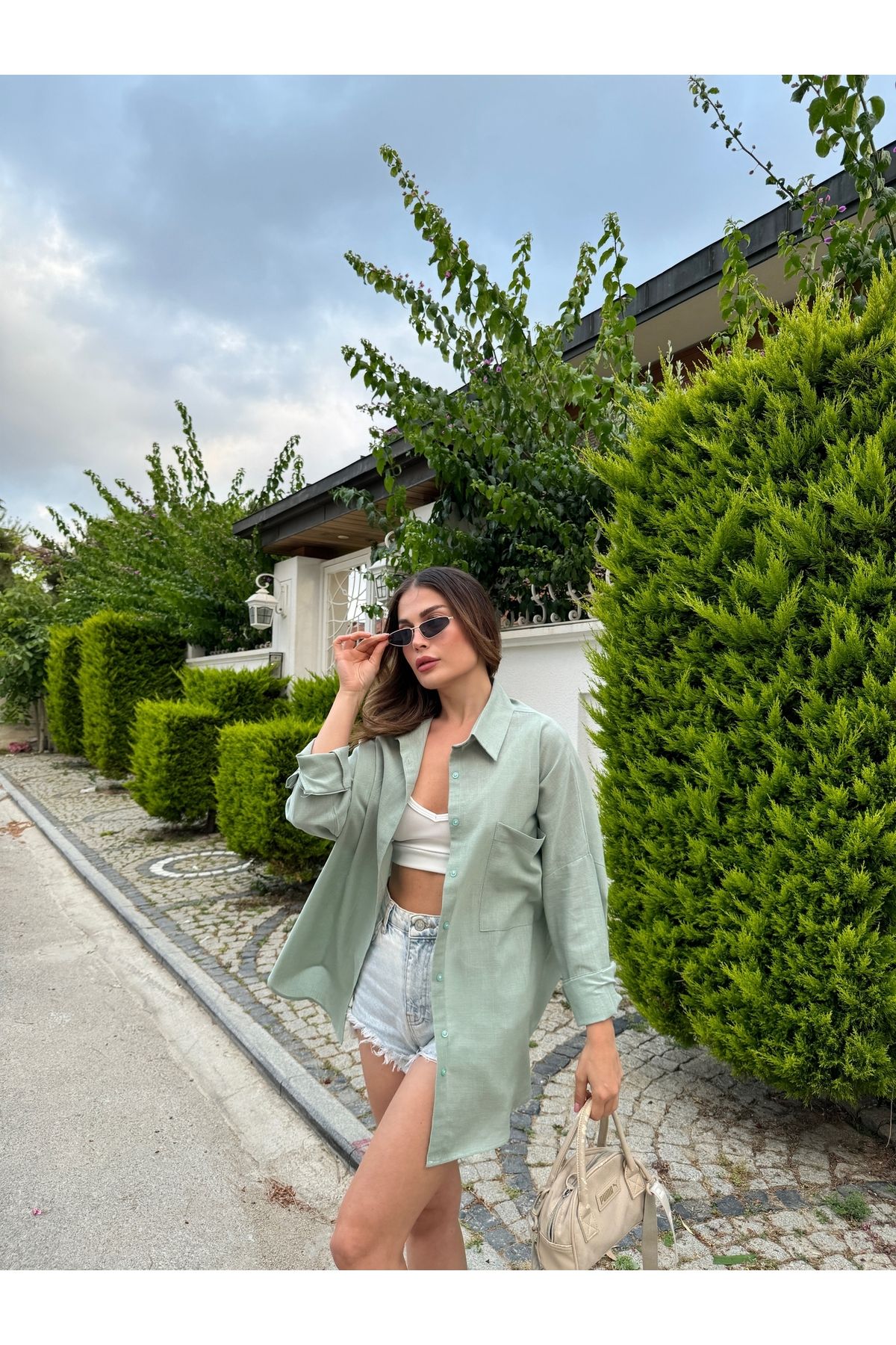 HW Hills Woman Kadın Haki Renk tek cepli %100 keten oversize gömlek
