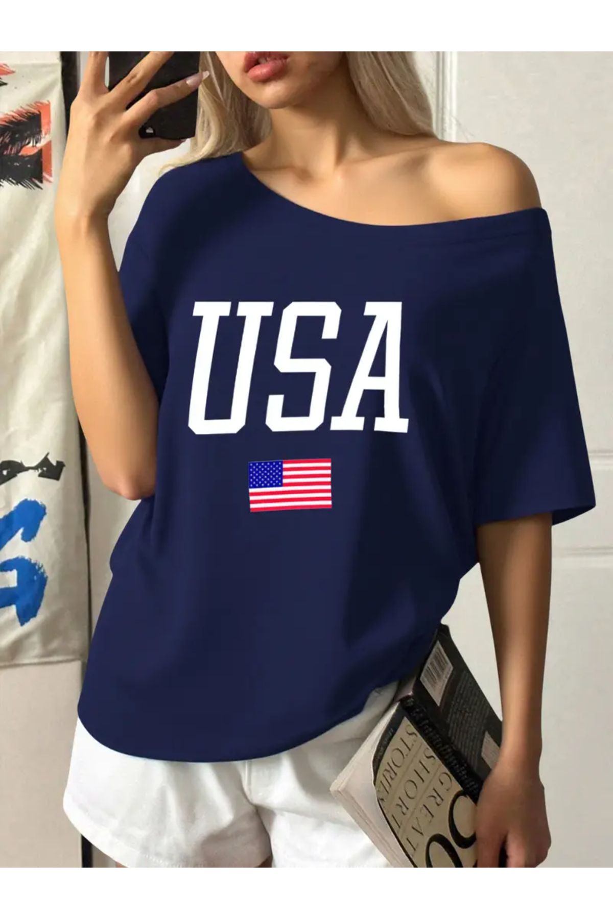 npLStore Kadın USA Baskılı Düşük Omuz Kayık Yaka T-shirt