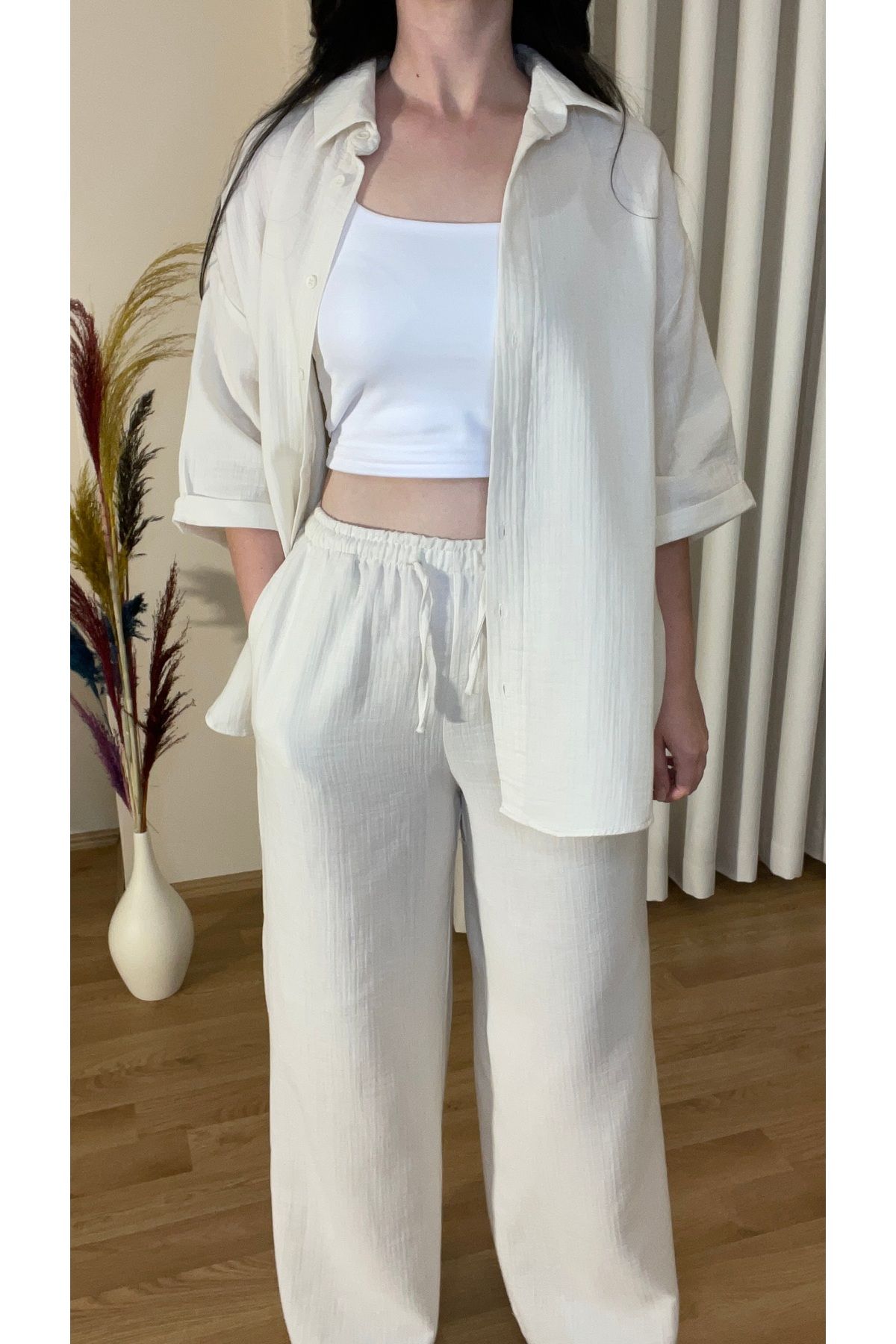 Aura Ella Kadın Oversize Gömlek Pantolon Takım – %100 Pamuk Müslin Kumaş