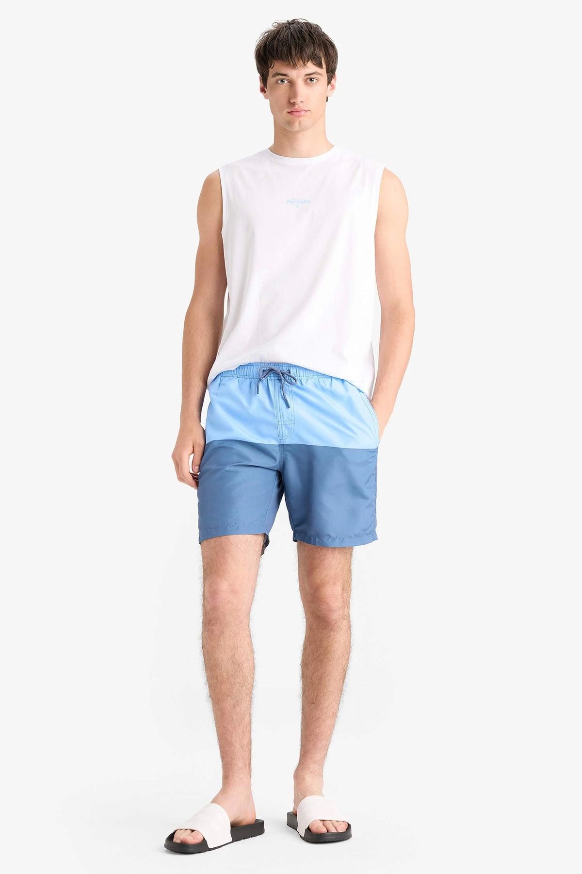 DeFacto-Z8108 Blue Regular Fit Color Block Mesh Lined Above Knee Swim Shorts 2