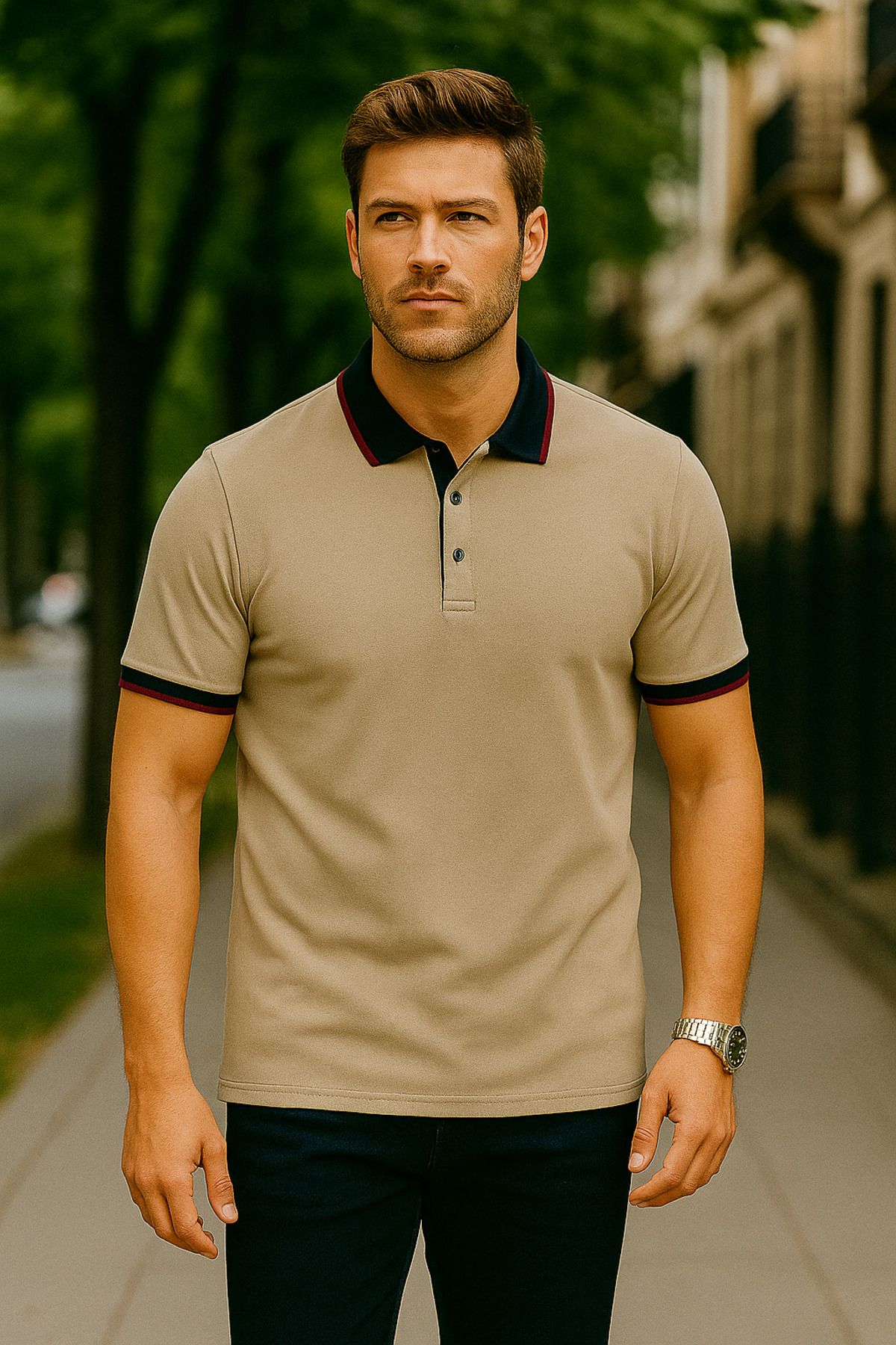 UOMOPARK 2988-1 Yaka Ve Manşet Detaylı Pamuklu Polo Yaka Regular Fit T shirt