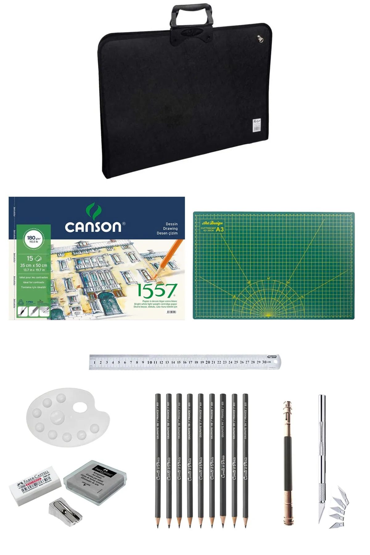 arttone 35x50 Proje Çantası Canson 35x50 Cm Defter A3 Kesim Altlığı Conte Lyra Dereceli Kalem Mimarlık Seti