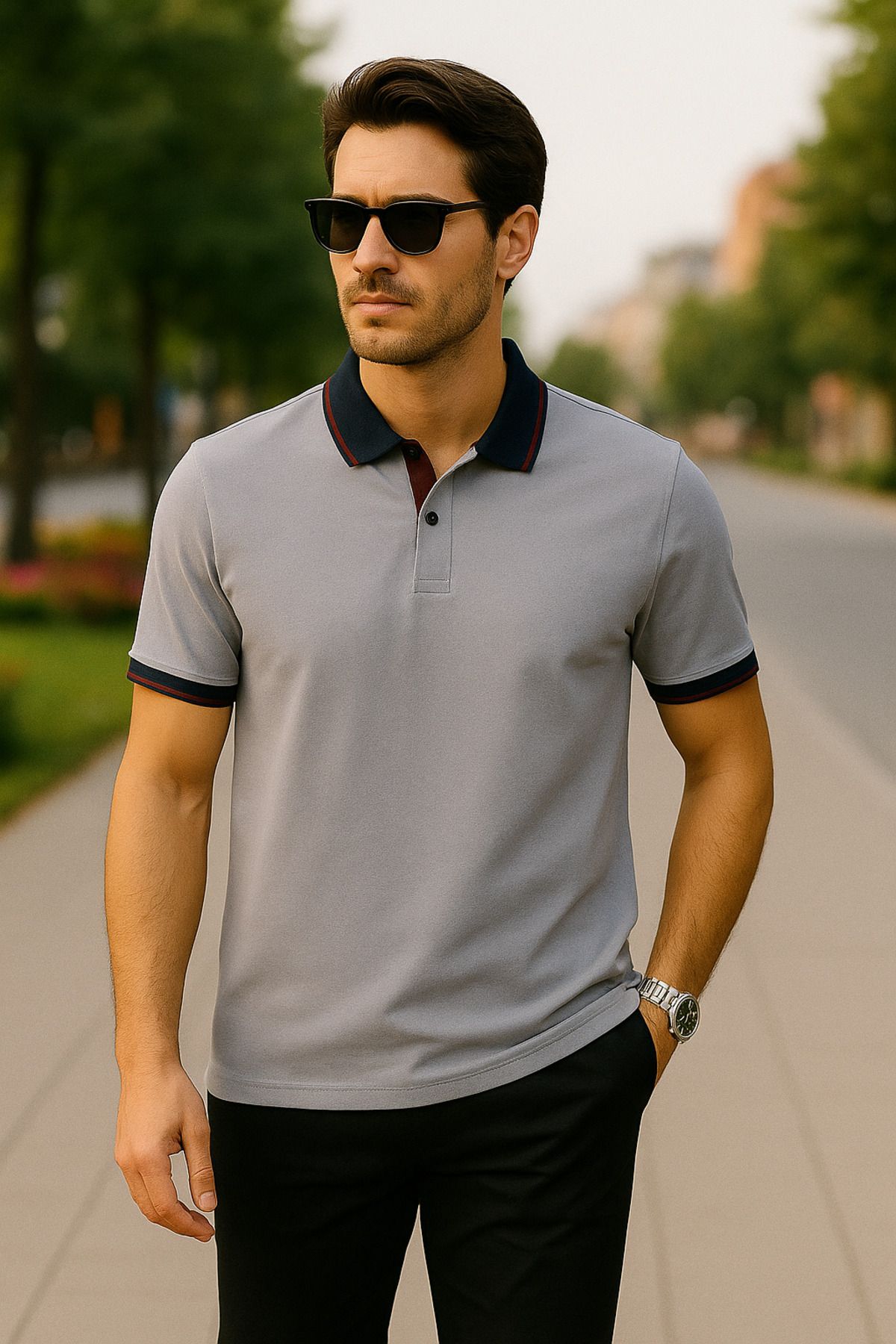 UOMOPARK 2988-1 Yaka Ve Manşet Detaylı Pamuklu Polo Yaka Regular Fit T shirt