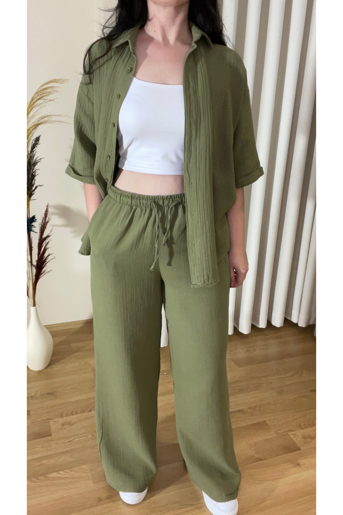Aura Ella Kadın Oversize Gömlek Pantolon Takım – %100 Pamuk Müslin Kumaş
