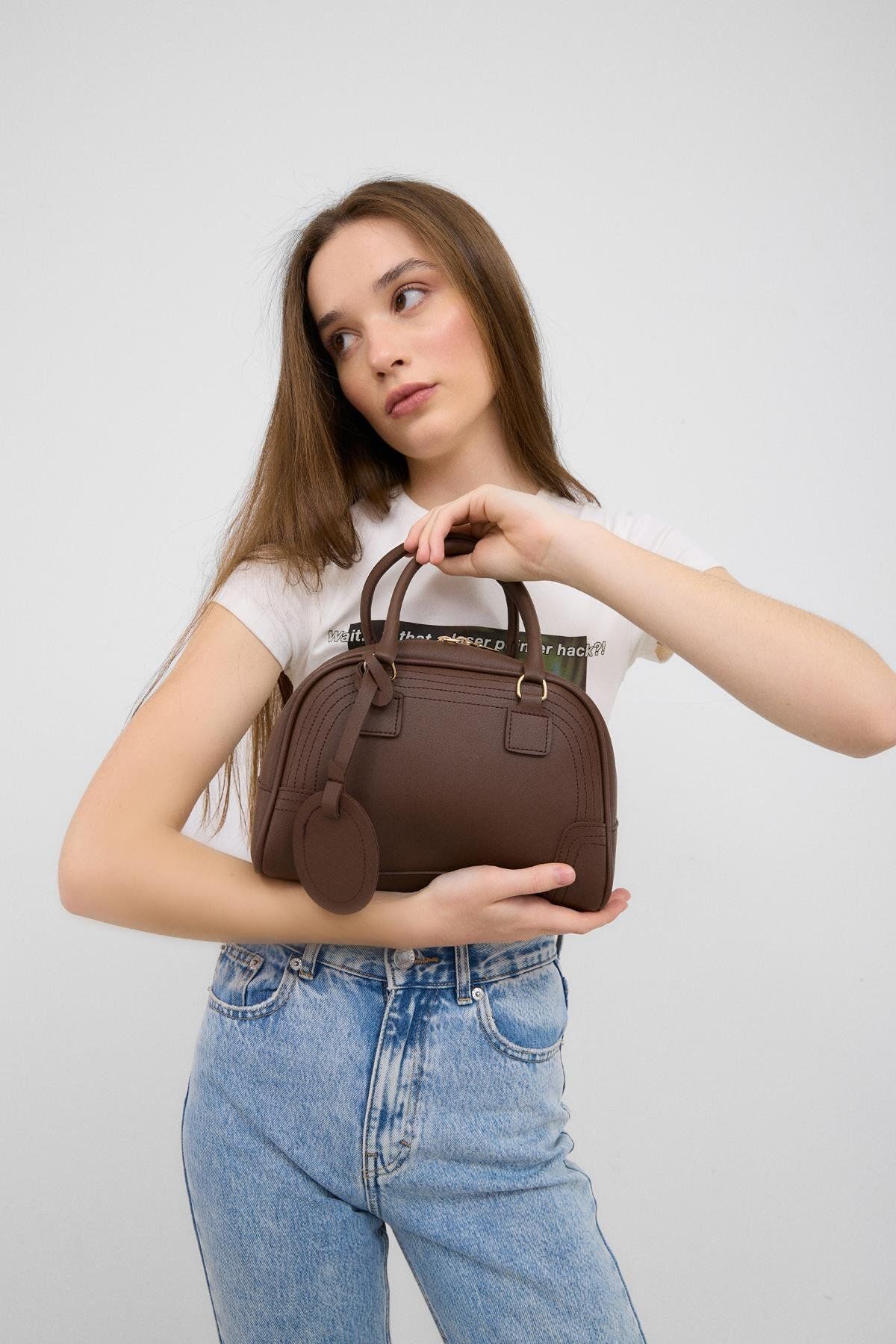 Shule Bags Curve Oval El Ve Çapraz Çanta Kahve