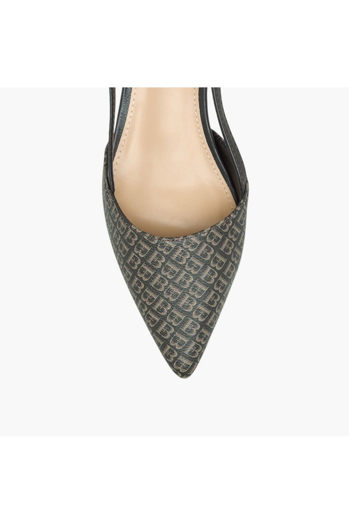 Flora Bella by Shoexpress-Flora Bella Monogram Print Pointed Toe Shoes with Kitten Heels and Buckle Closure 4