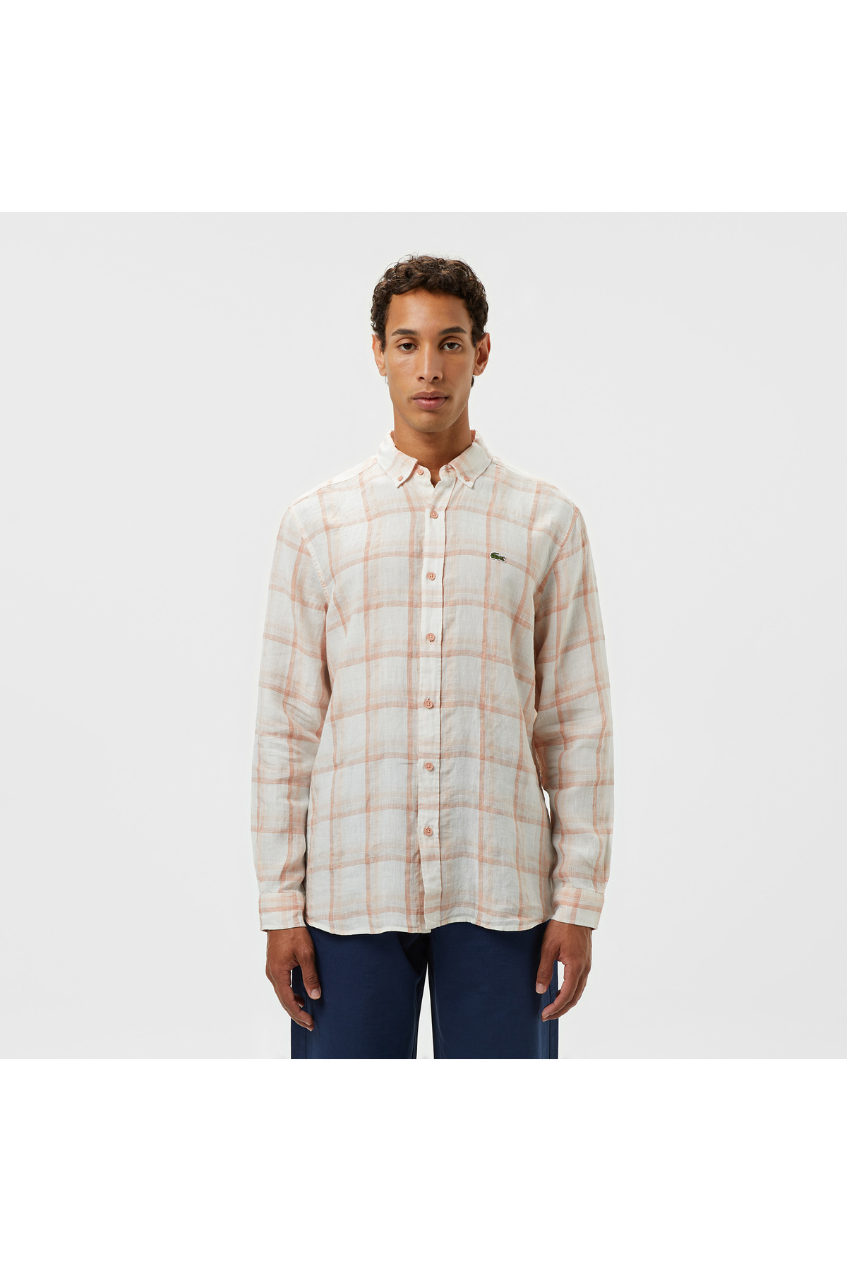 Erkek Regular Fit Ekose Keten Açık Kahverengi Gömlek