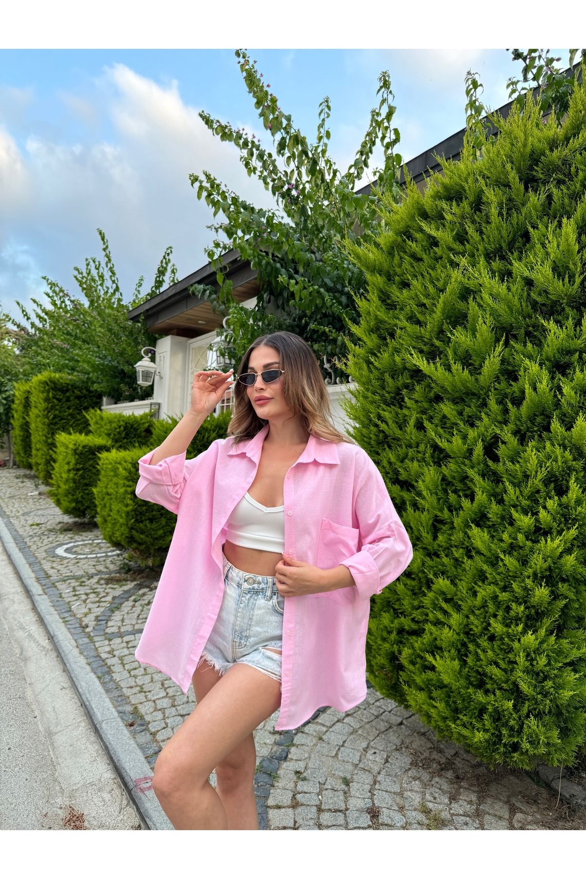 HW Hills Woman Kadın Pembe Renk tek cepli %100 keten oversize gömlek
