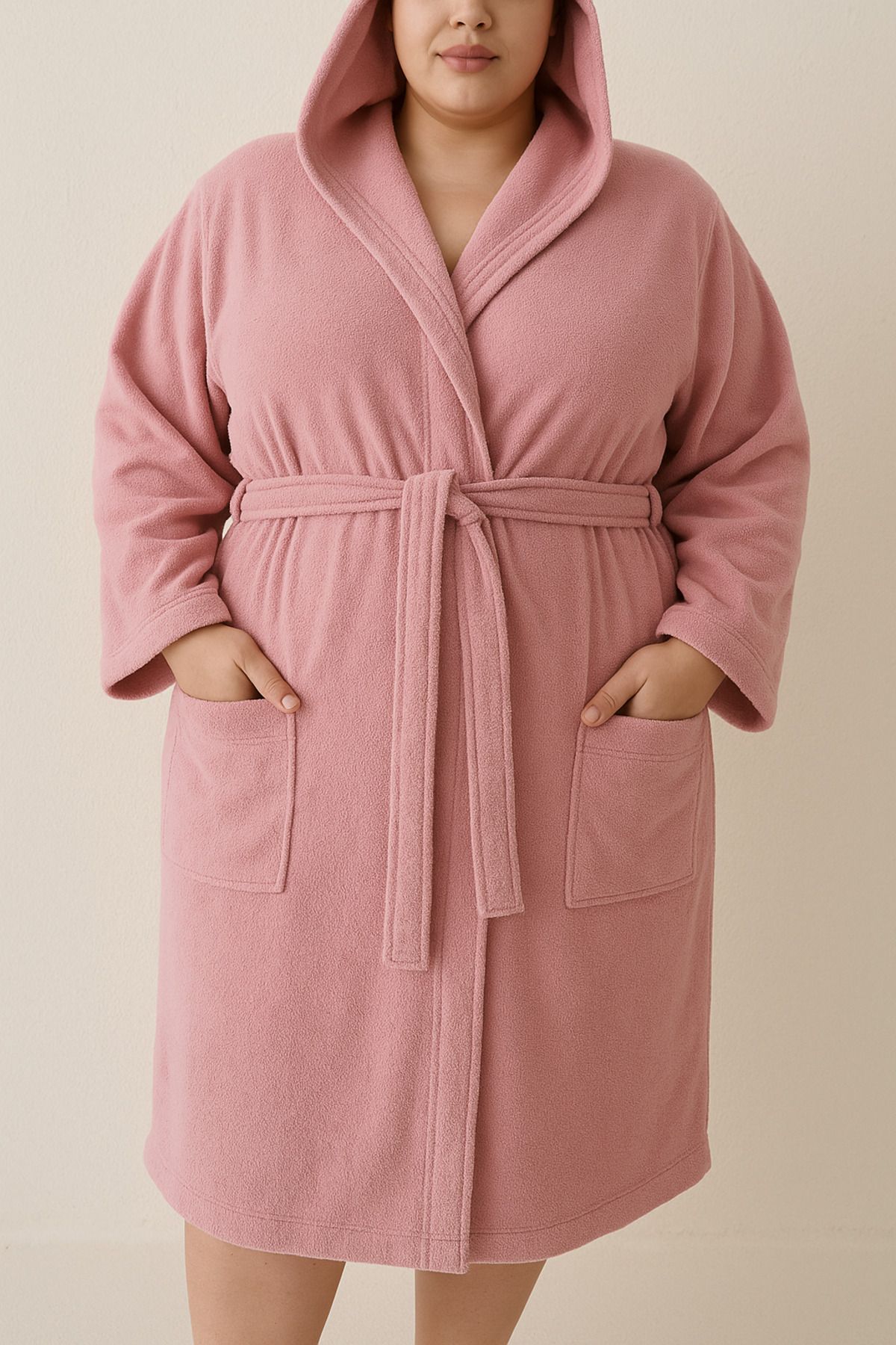 MODELHOME Model Home pamuklu büyük beden kapşonlu pembe renkli bornoz 4xl-5xl-6xl-7xl
