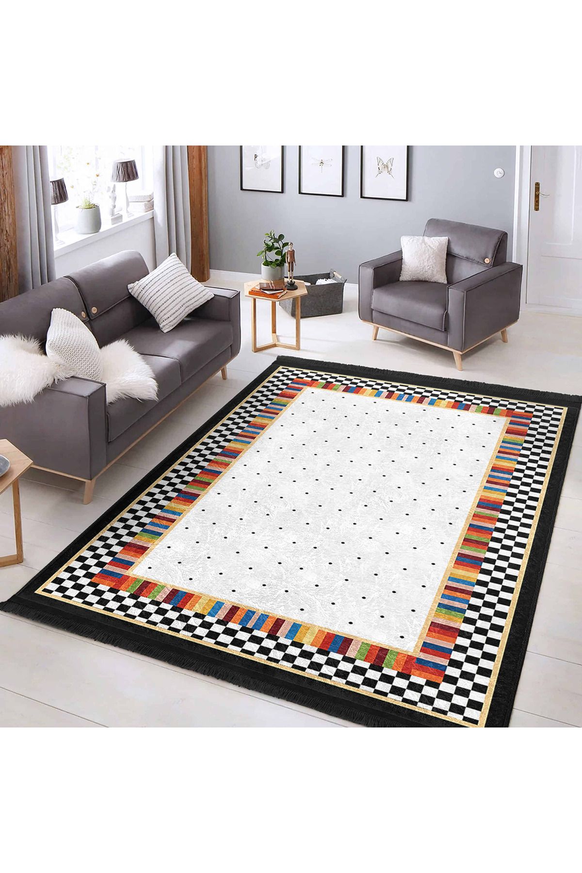 Realhomes Renkli Kenar Desenli Canlı Renkler ile Dekoratif Dikdörtgen Mutfak Halısı