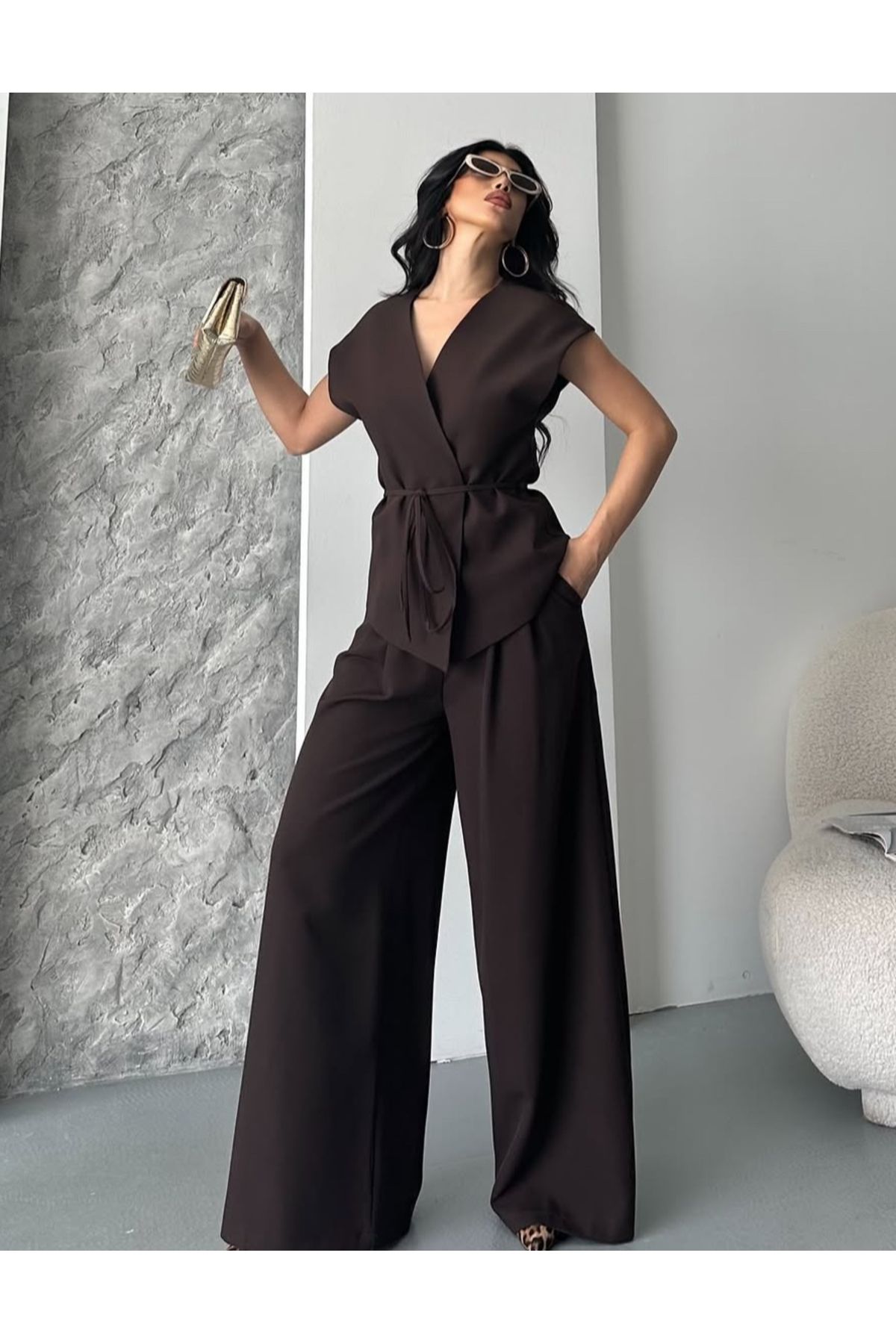 pembekurdelem Kadın Oversize Bağlamalı Yelek Pantolon Takım Kahverengi