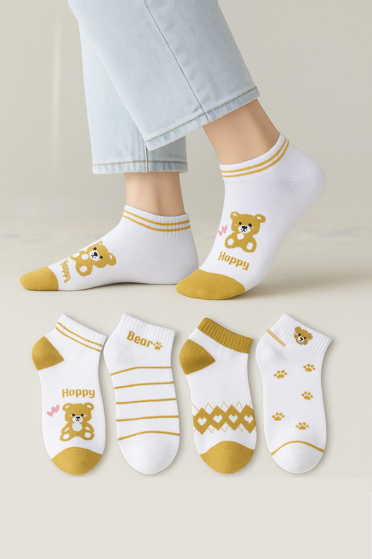 KaeLaurean Pamuklu Dikişsiz 4'lü Happy Socks Desenli Kadın Çorap