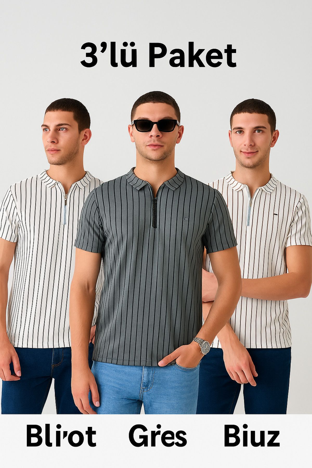 DAMGA JEANS Erkek 3'Lü Çizgili Fermuarlı Polo Yaka Tişört