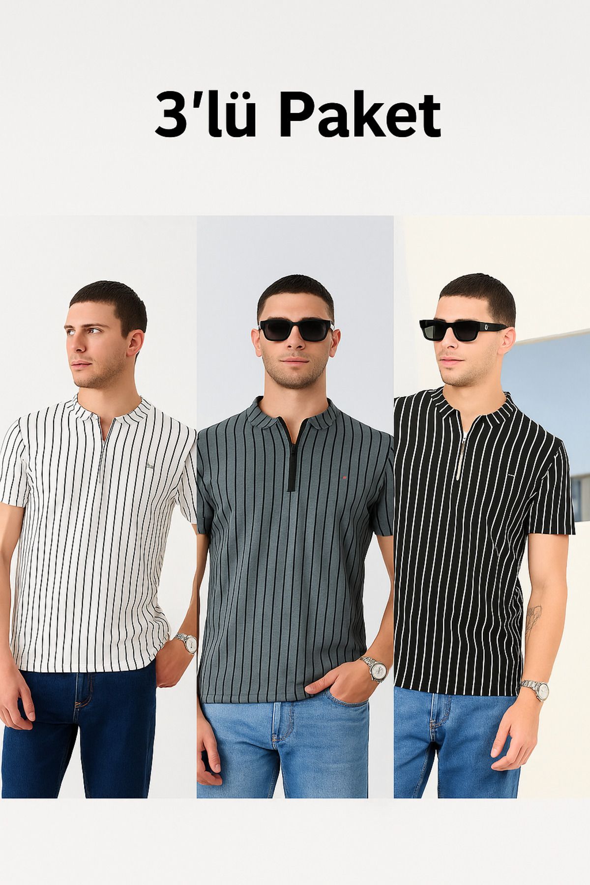 DAMGA JEANS Erkek 3'Lü Çizgili Fermuarlı Polo Yaka Tişört