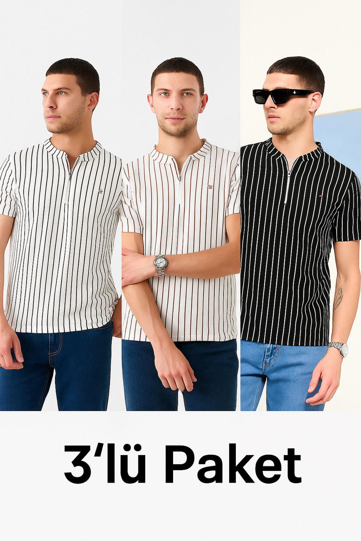 DAMGA JEANS Erkek 3'Lü Çizgili Fermuarlı Polo Yaka Tişört