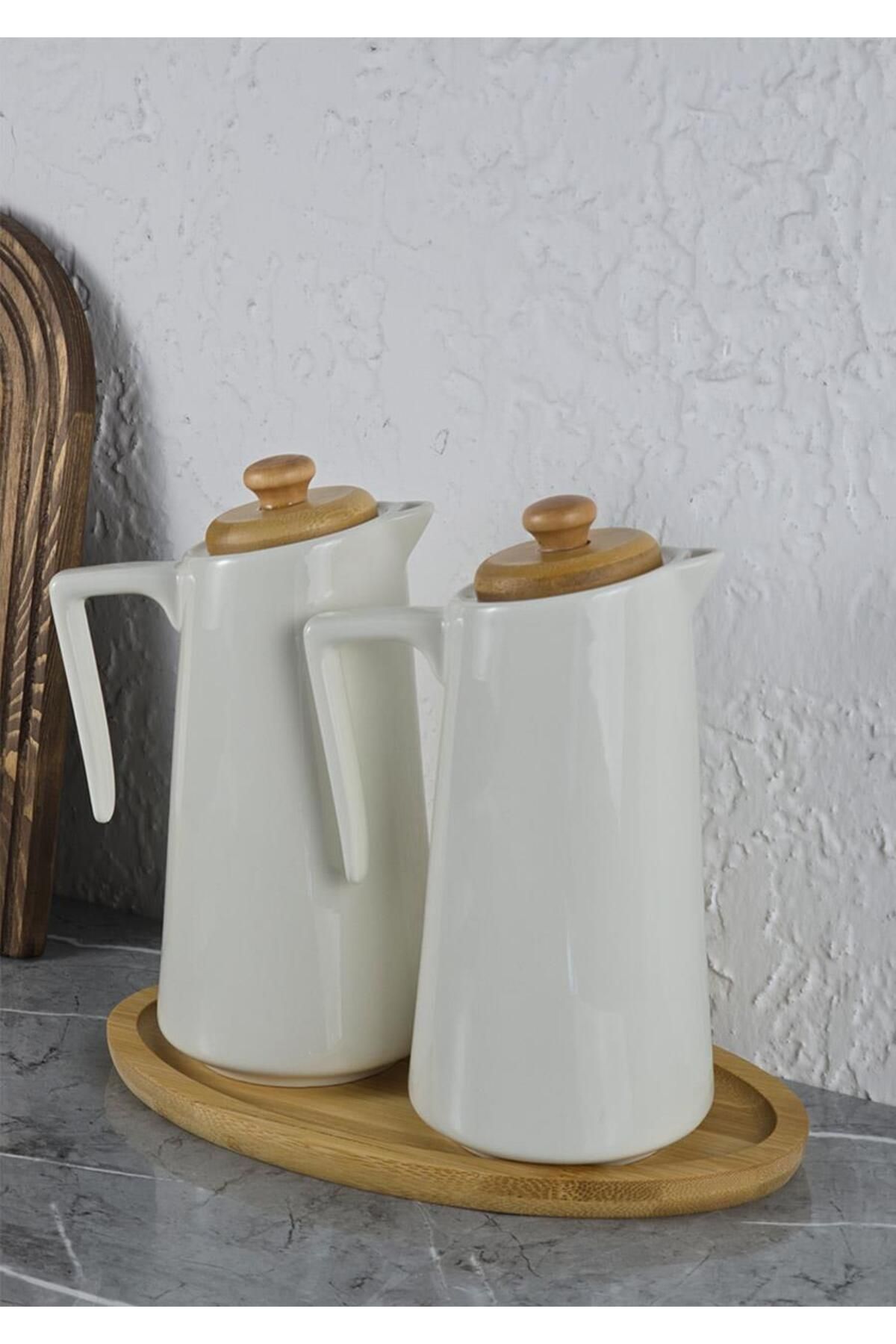 HomeTarz Palma Porselen Yağlık Seti - Stantlı Yağdanlık Takımı - 2x650 ML, 5 Parça