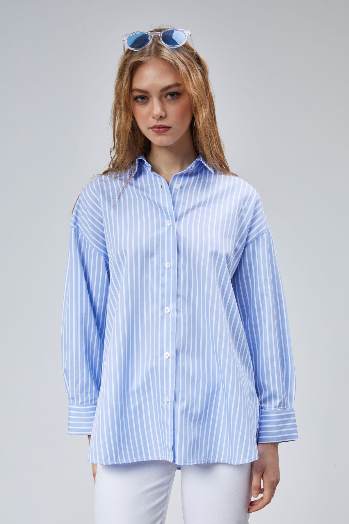 TF The Fancy For You Kadın Oversize Uzun Kollu Pamuklu Çizgili Gömlek