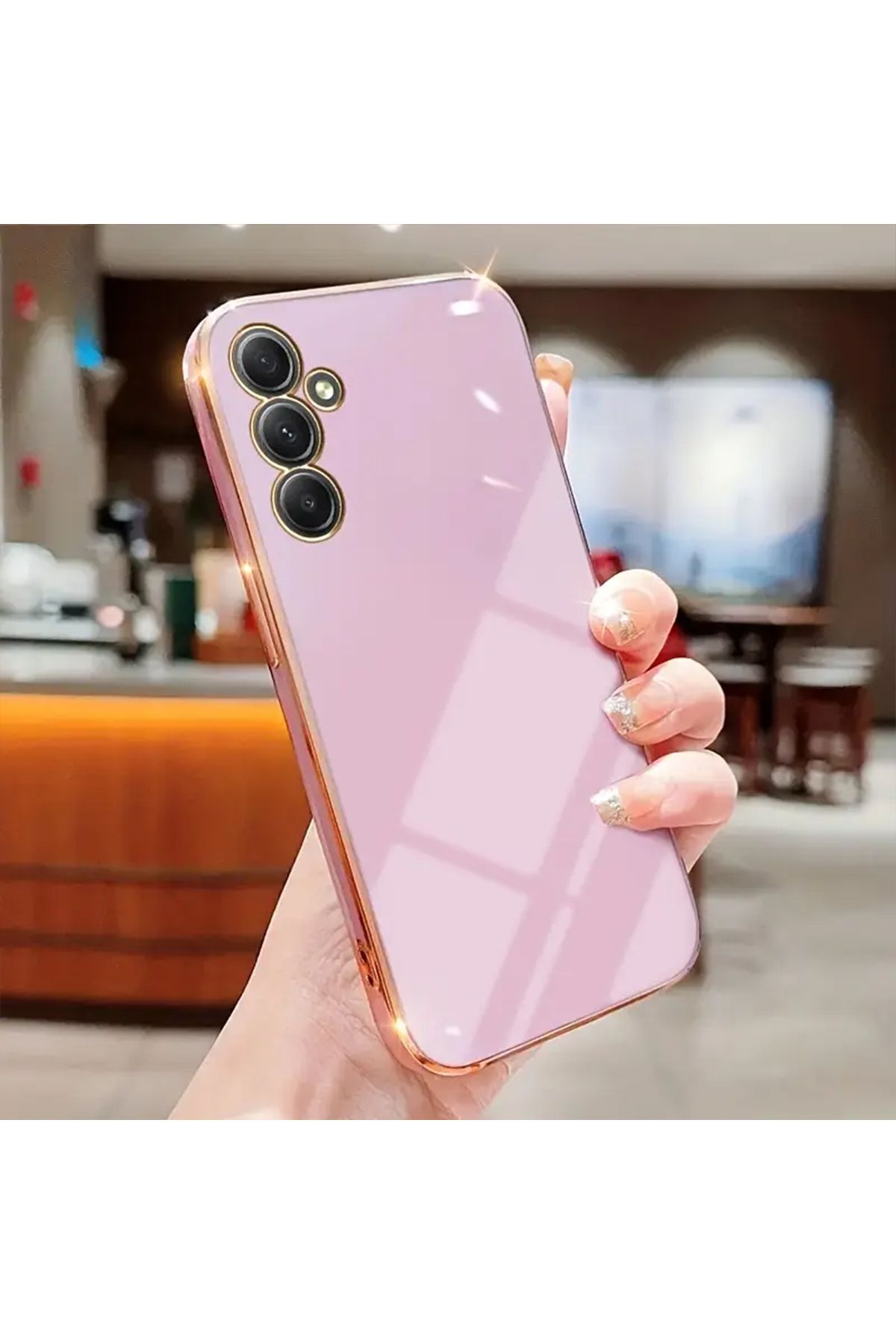 Merwish Samsung Galaxy A34 Uyumlu Lazer Kesim Gold Çerçeve Mor Kapak Kılıf