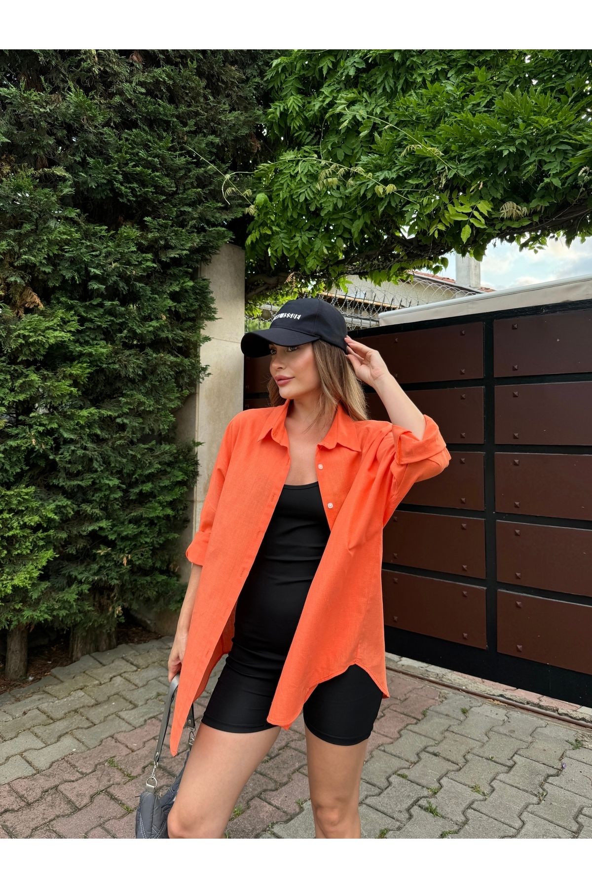 HW Hills Woman Kadın Turuncu Renk tek cepli %100 keten oversize gömlek