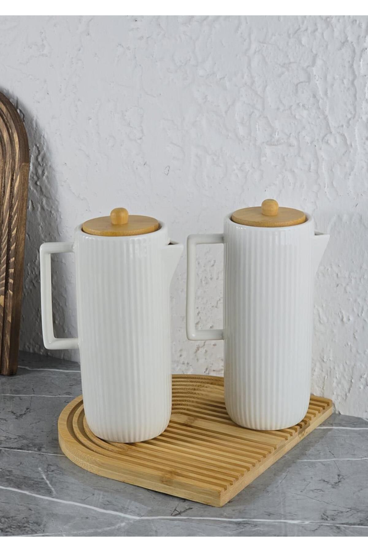 HomeTarz Mitra Porselen Yağlık Seti - Bambu Stantlı Yağdanlık Takımı - 2x600 ML