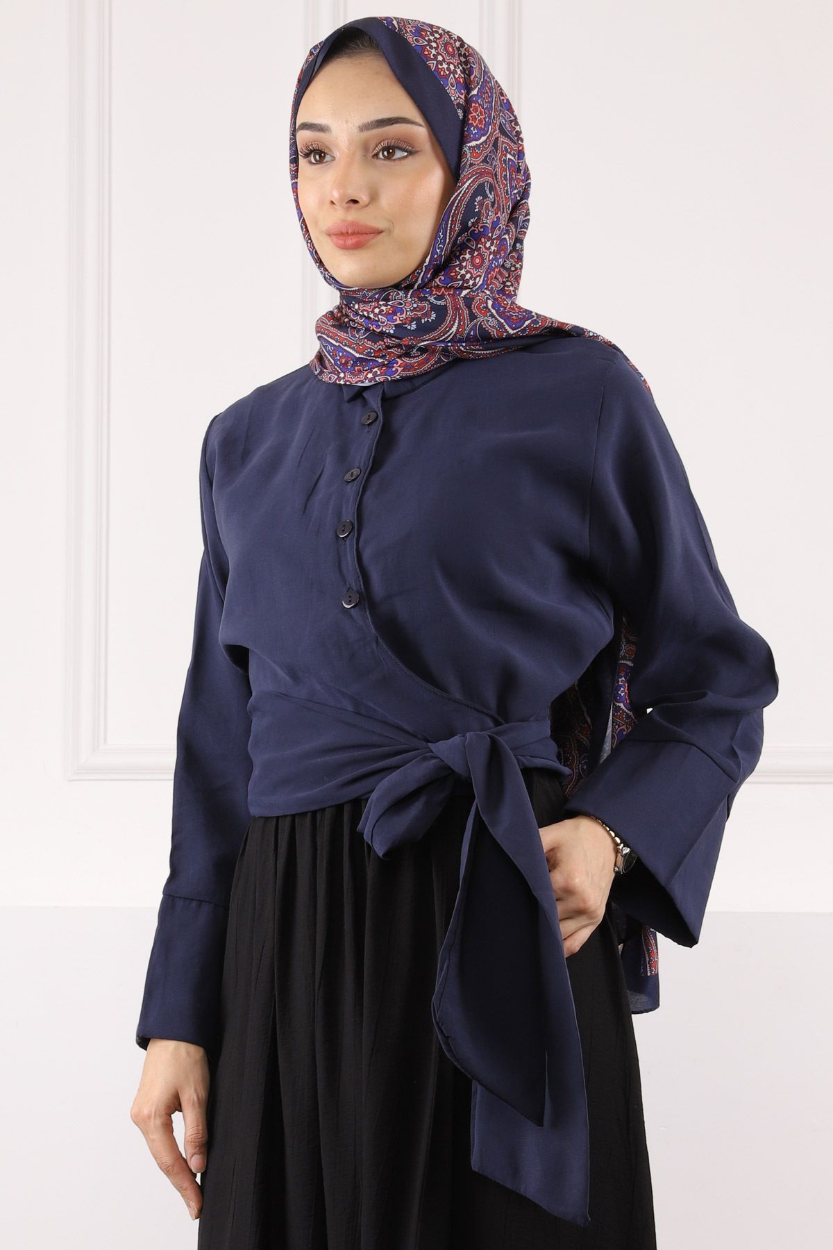 İmajButik Lacivert Bel Bağlamalı Modal Gömlek