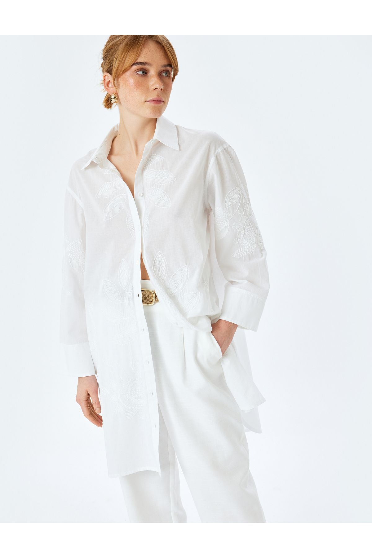 Koton Pamuklu Floral İşleme Detaylı 3/4 Kol Gömlek Yaka Uzun Oversize Tunik