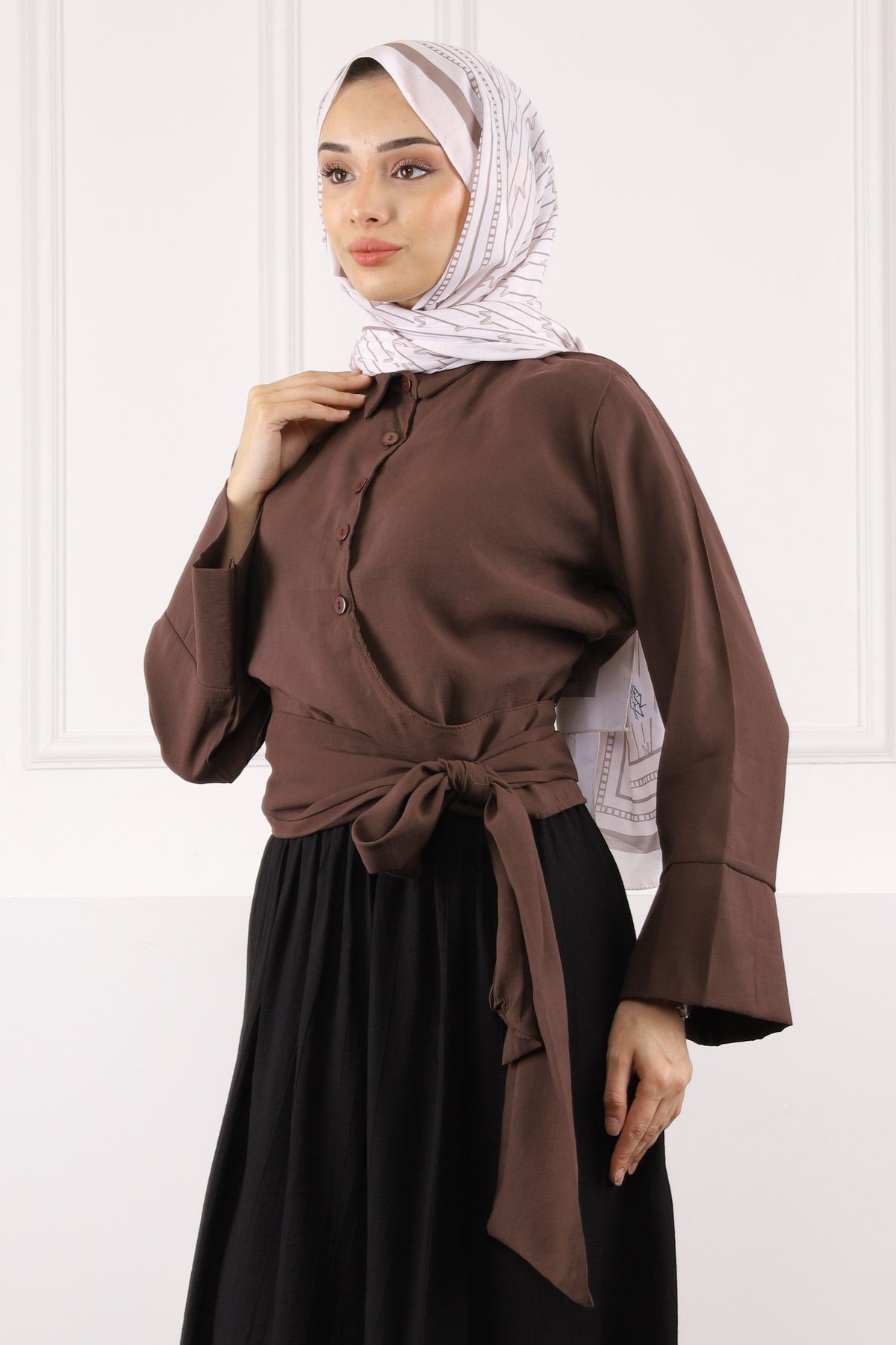İmajButik Kahverengi Bel Bağlamalı Modal Gömlek