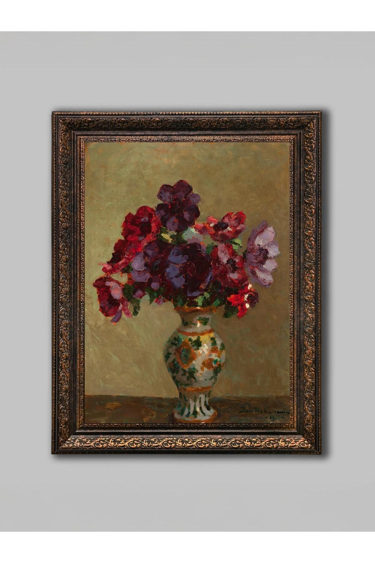WoodyArts İşlemeli Vazoda Kırmızı Çiçekler - Bronz Eskitme Çerçeve