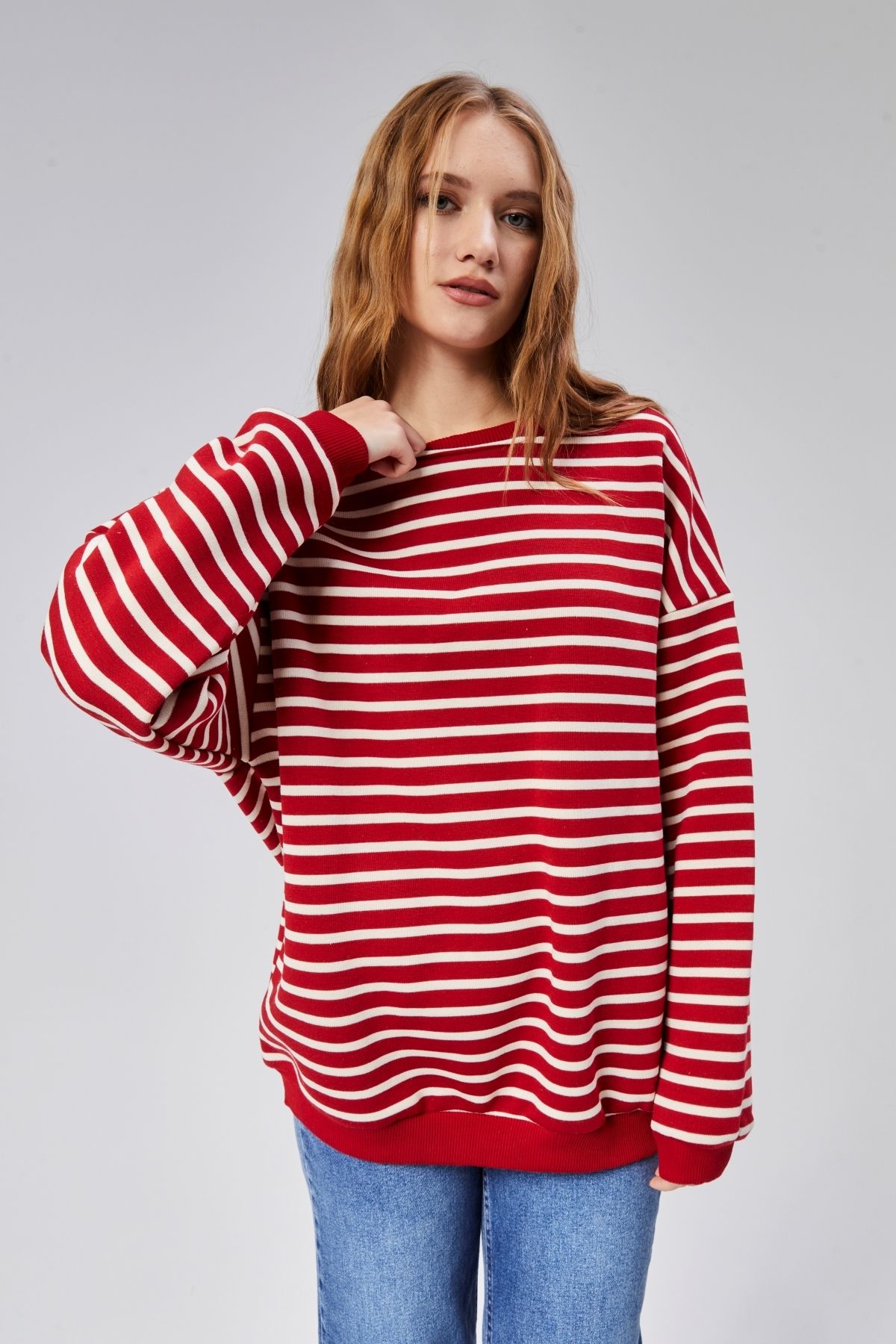 TF The Fancy For You Kadın Bisiklet Yaka Çizgili Uzun Kol Oversize Sweatshirt