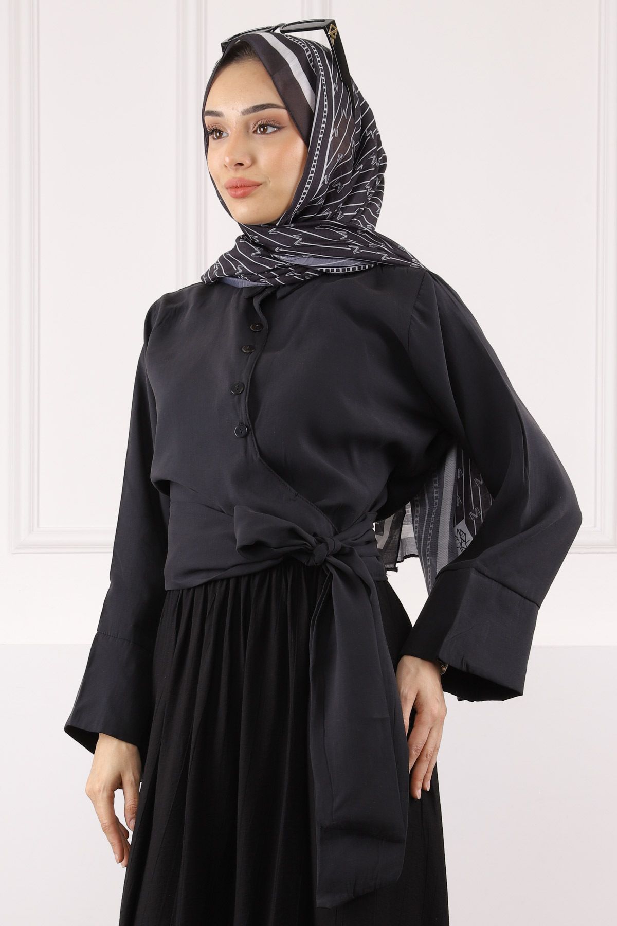 İmajButik Siyah Bel Bağlamalı Modal Gömlek