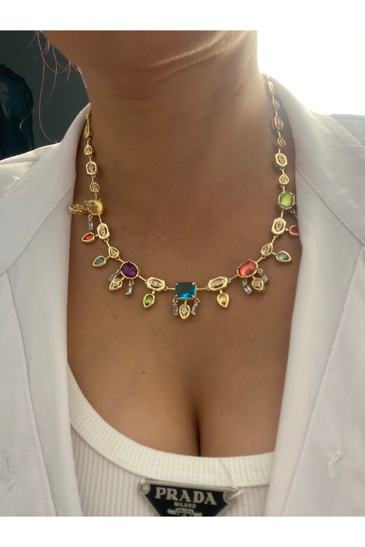 Byoz store 14k altın kaplama gold geometrik renkli taşlı premium seri vip kolye