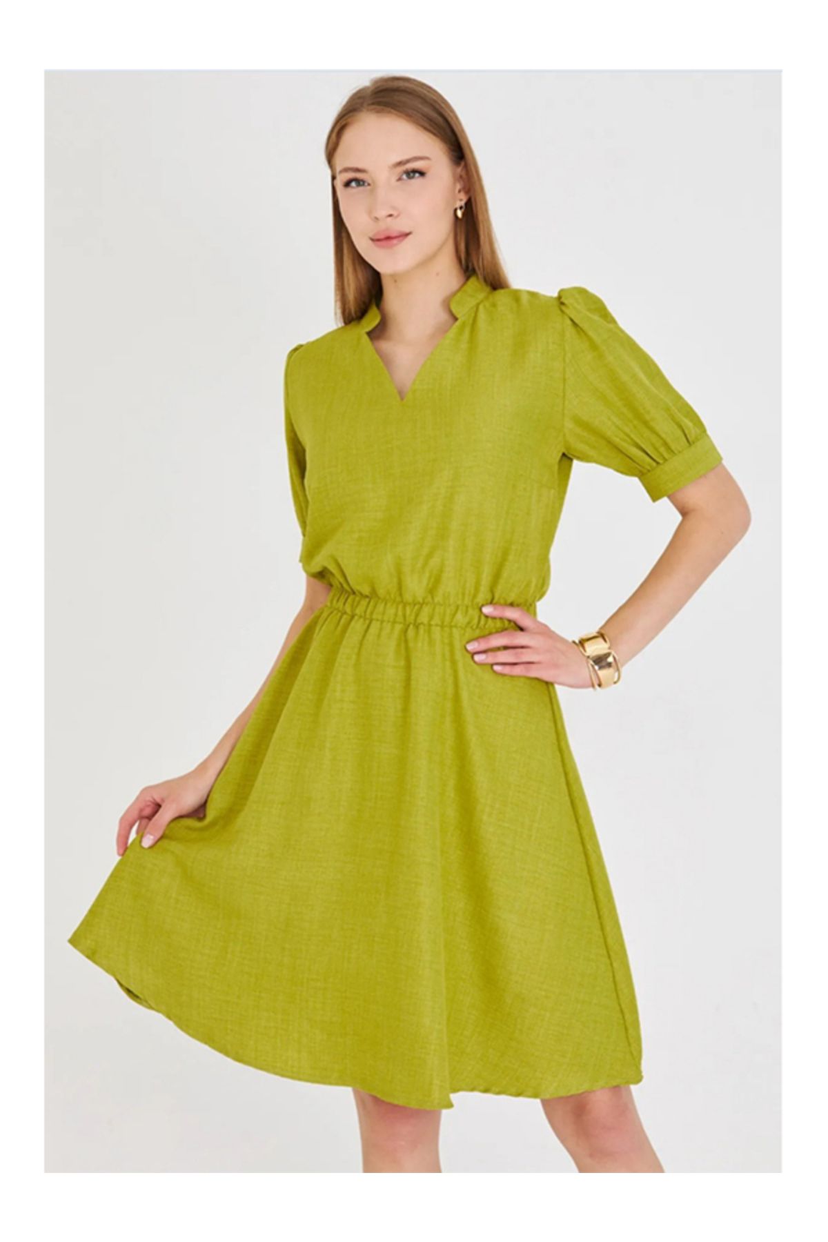 Namaste Vintage Fıstık yeşili beli lastikli v yaka keten görünümlü kloş elbise