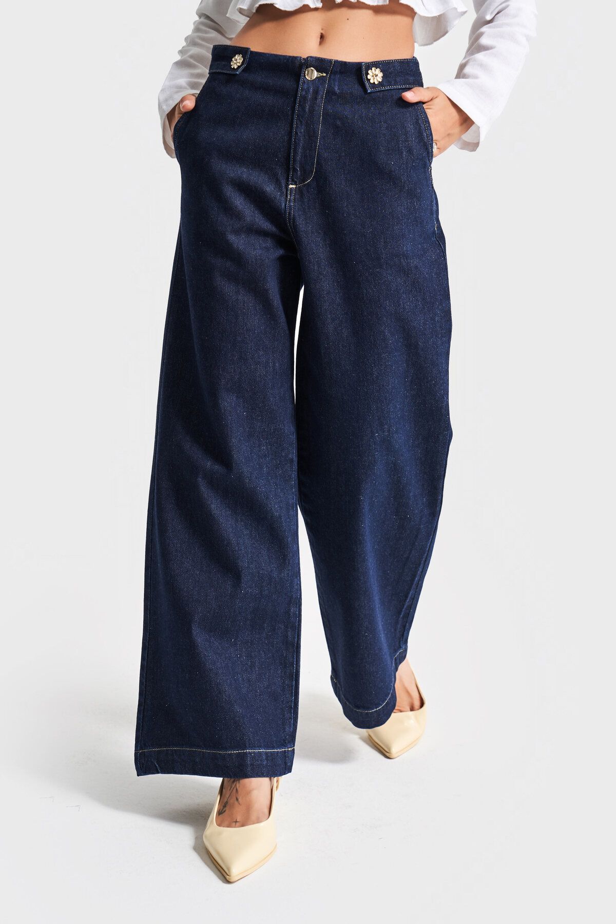 its basic Kadın İndigo Renk 7s5-50 Culotte Fit Bol Kesim Viskon Koton Kumaş İç Boy 68cm Denim Jean