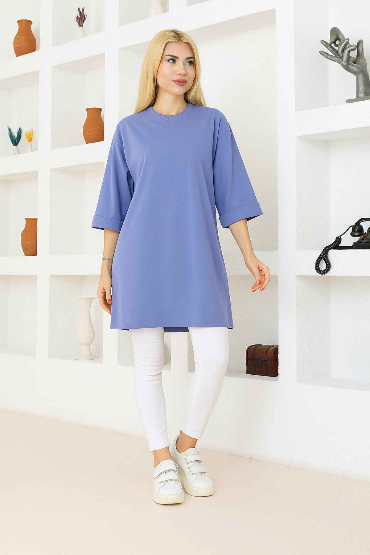 Women's Baby Blue Oversized Tunic T-Shirt – Half Sleeve, Round Neck, Casual Cut