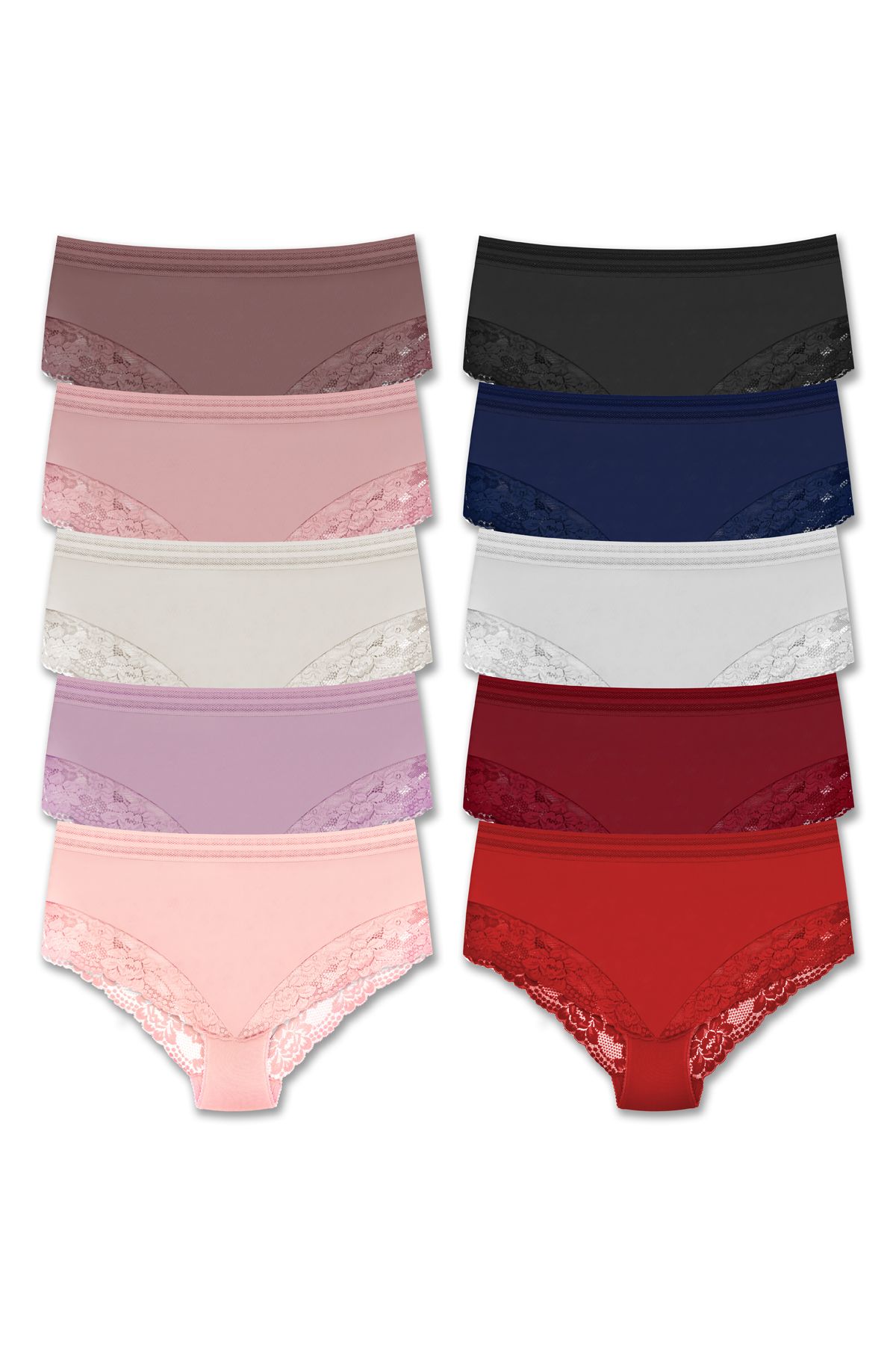 ZENA UNDERWEAR 10'lu Tül ve Dantel Detaylı Lastikli Yüksek Bel Büyük Beden Kadın Külot