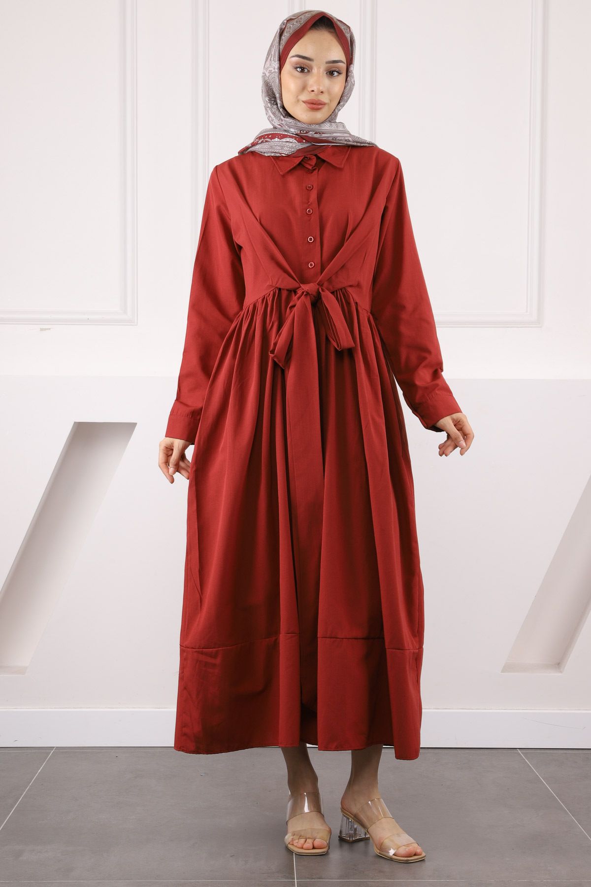 İmajButik Bordo Bel Kuşaklı Elbise
