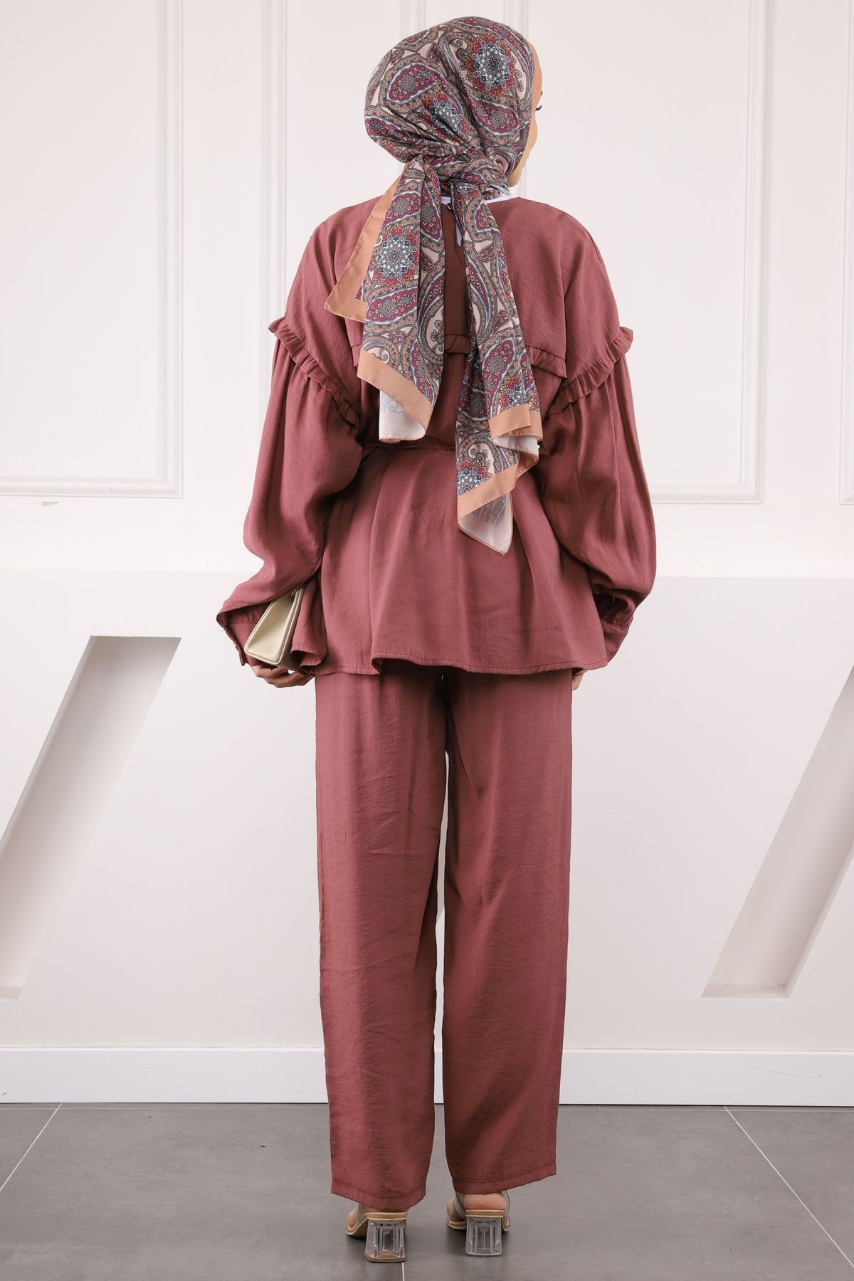 İmajButik-Dusty Rose Drawstring Waist Tunic Pants Modal Suit 3