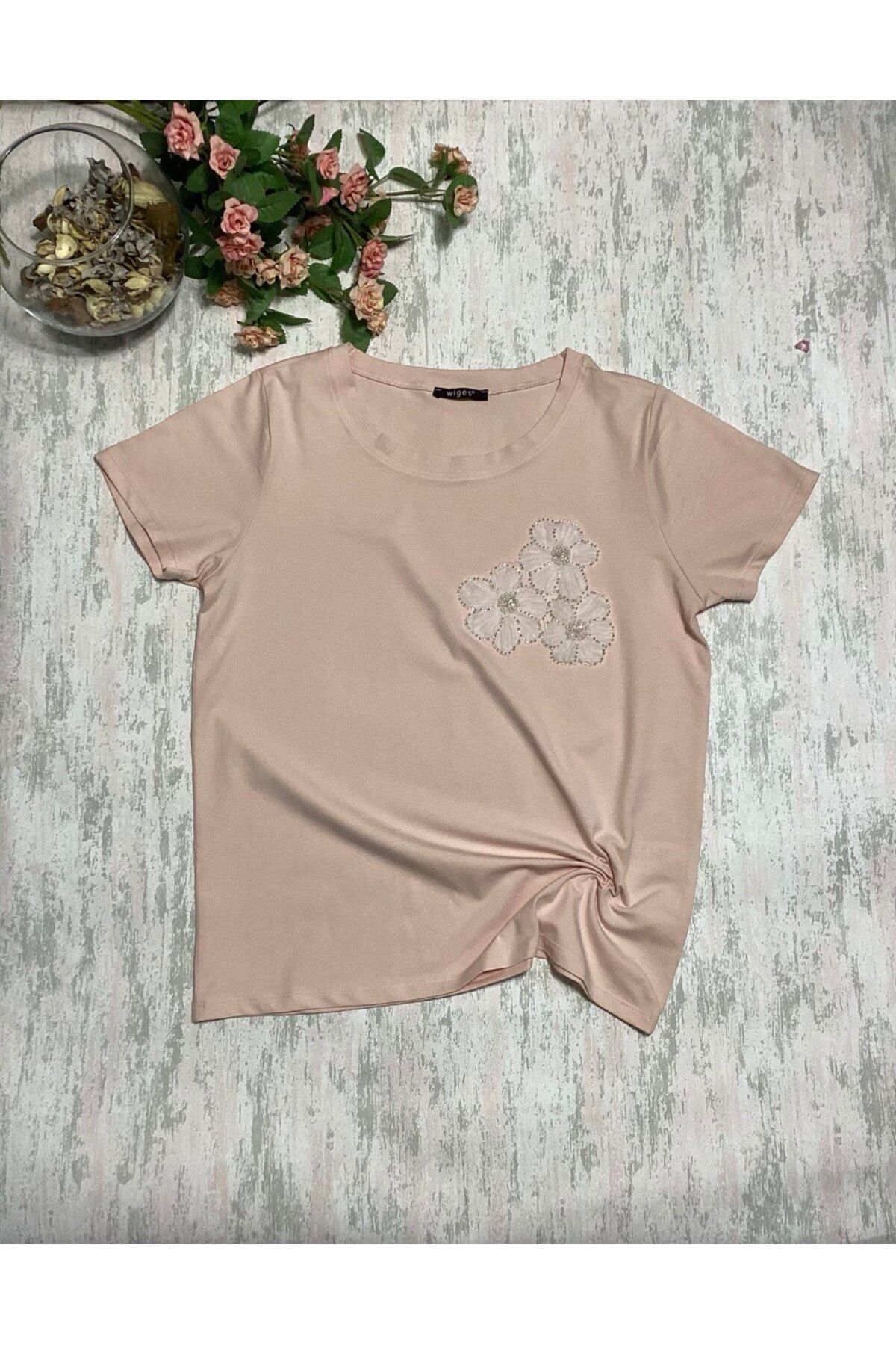 Wiges Kadın Bisiklet Yaka Çiçek Desenli Özel Tasarım T-shirt